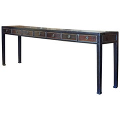 Antique Chinese 7 Drawer Lacquered Console Table, 8 Feet Plus Long, Restored