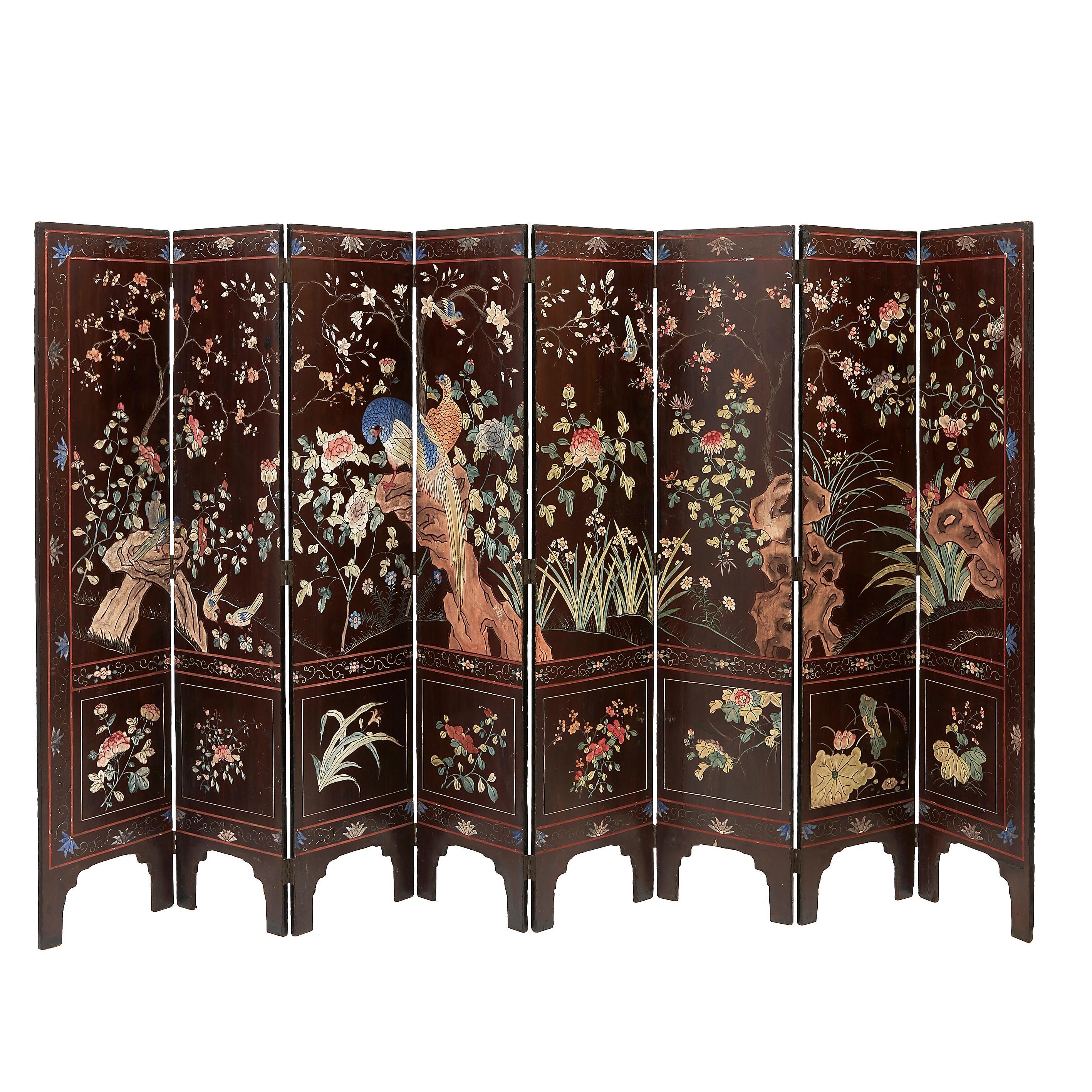 A Chinese eight-fold coromandel lacquer screen, in the typical concertina style on a dark brown ground, each separate panel with arched feet With one side featuring courtyard scenes, colourfully incised, and the reverse with a menagerie of various