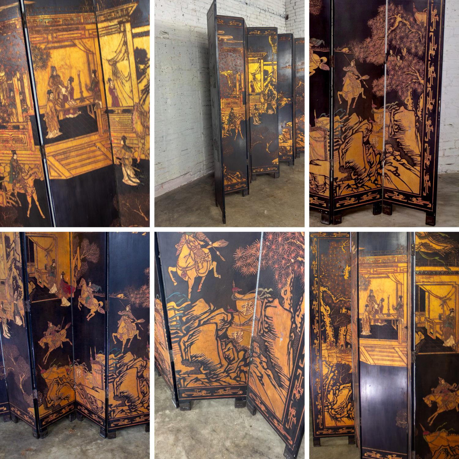 Biombo chino Coromandel negro de 8 paneles con calcografía dorada y pintada a mano en venta 7