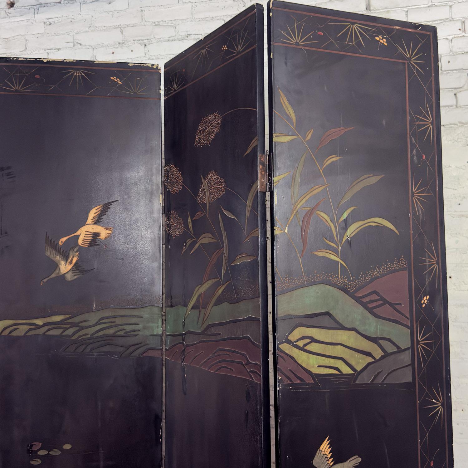 Biombo chino Coromandel negro de 8 paneles con calcografía dorada y pintada a mano en venta 12