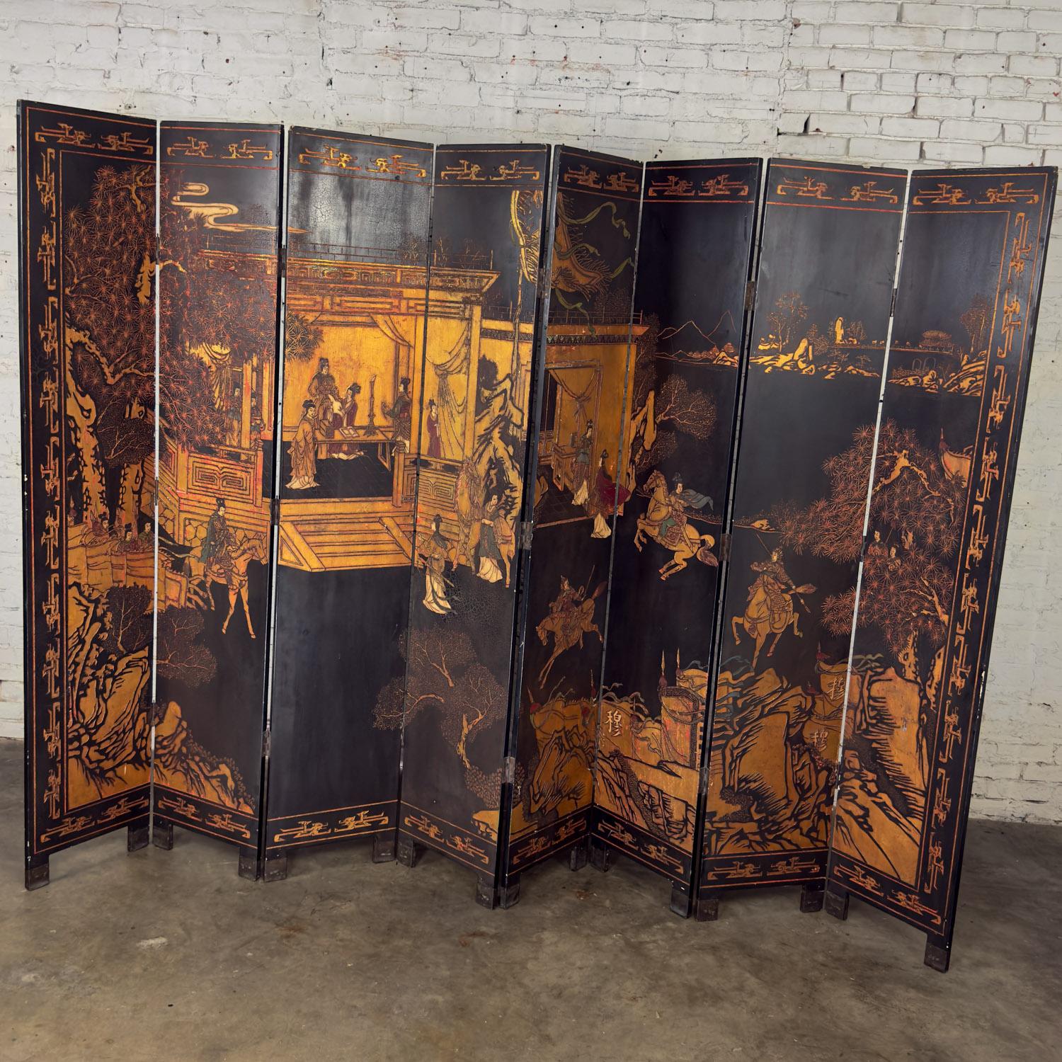 Biombo chino Coromandel negro de 8 paneles con calcografía dorada y pintada a mano Lacado en venta