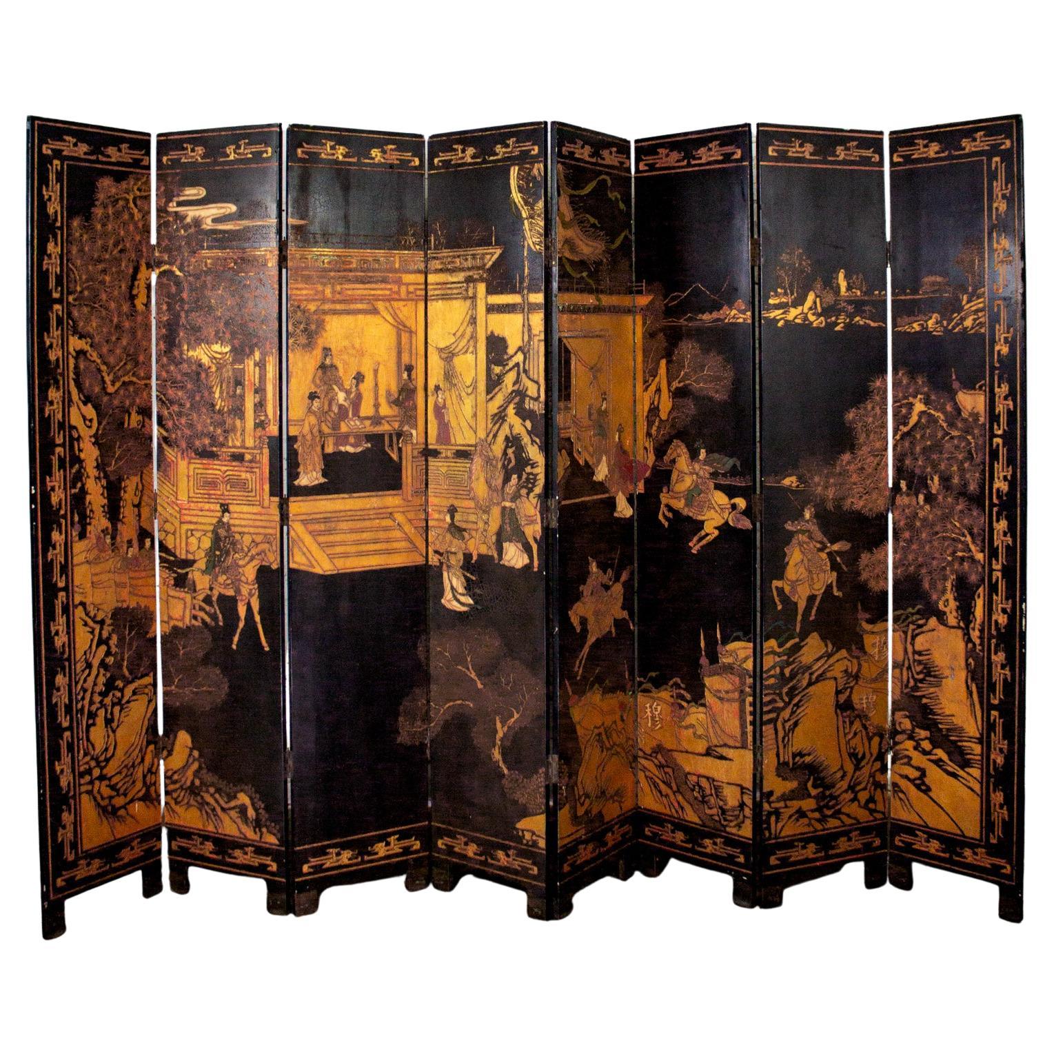 Chinese 8 Panel Black Coromandel Folding Screen w/Gilded & Hand Painted Intaglio