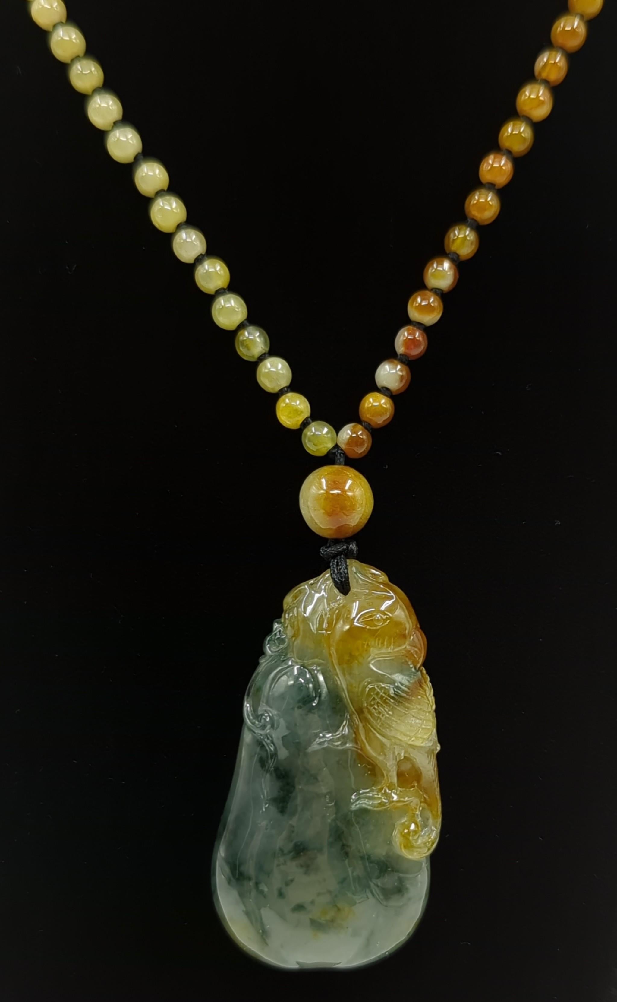 Finely Carved Chinese A-Grade Jadeite Parrot Pendant on Beaded Necklace 21