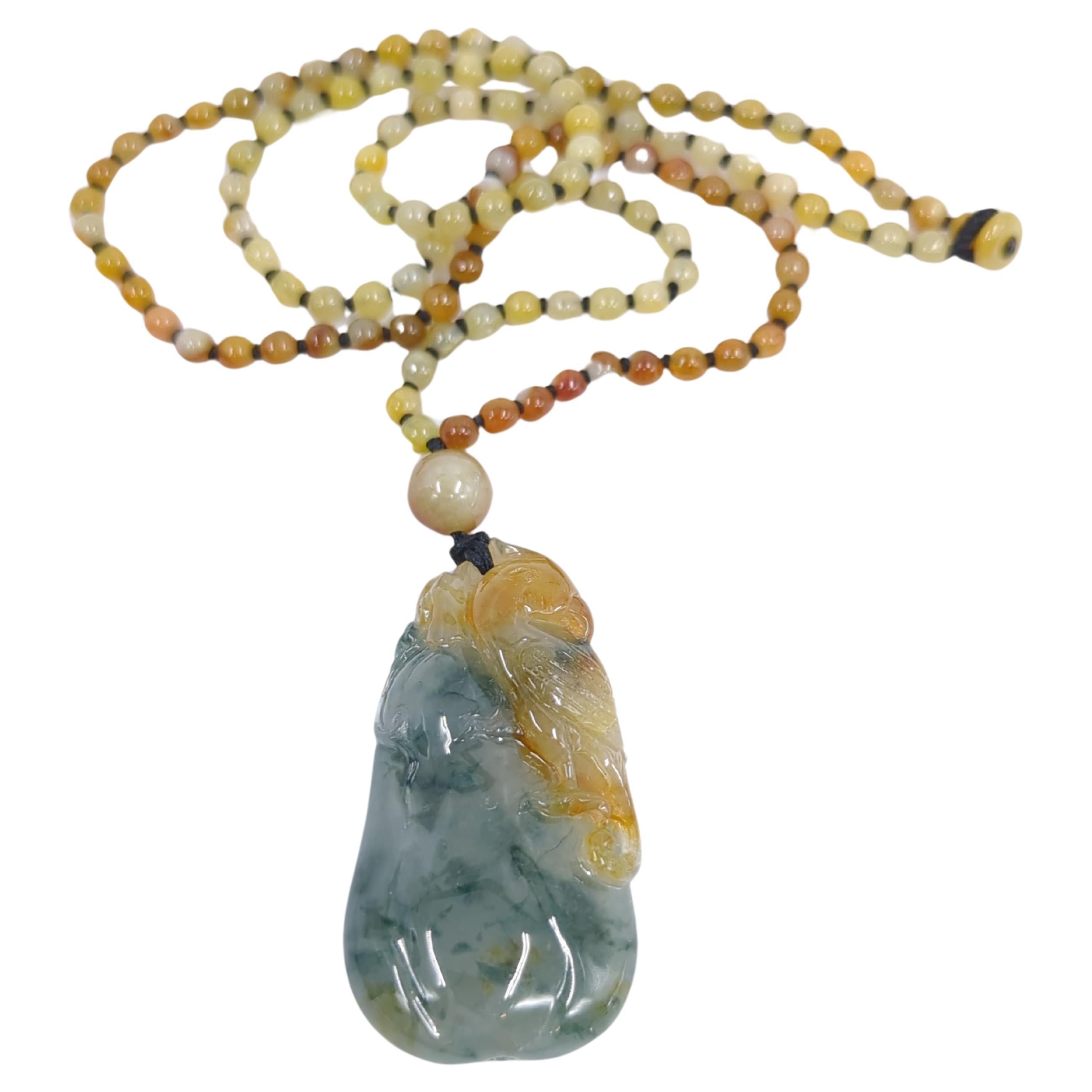 Artisan Pendentif perroquet en jadéite chinoise de qualité A finement sculptée sur collier de perles 21