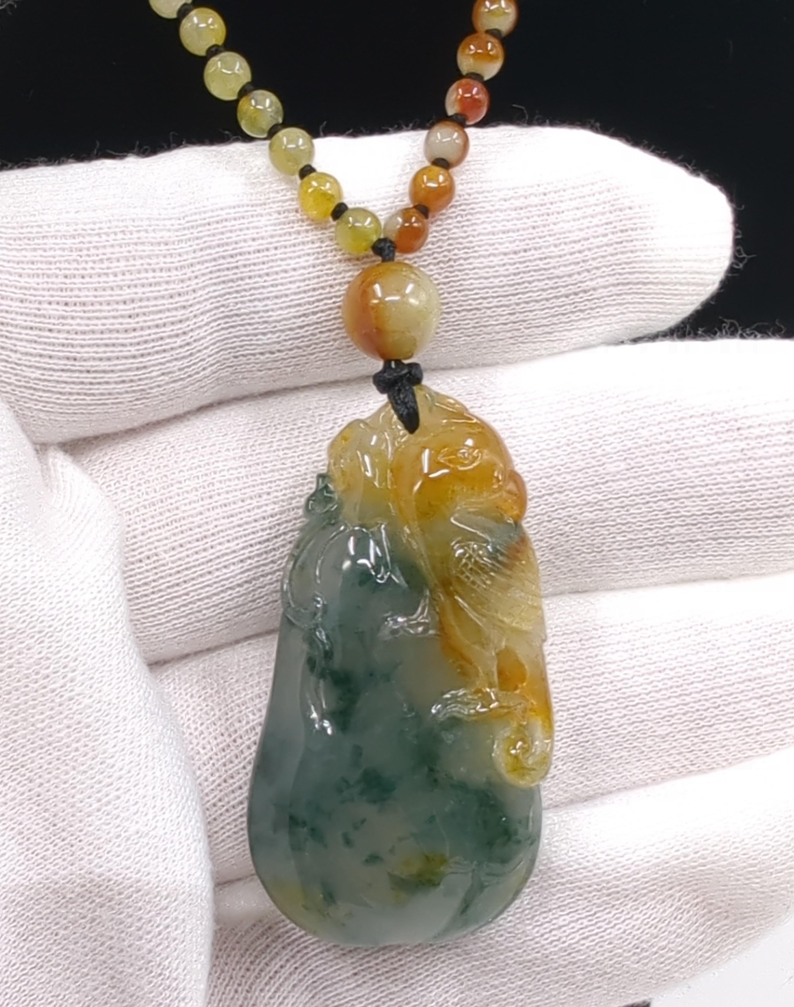 Finely Carved Chinese A-Grade Jadeite Parrot Pendant on Beaded Necklace 21