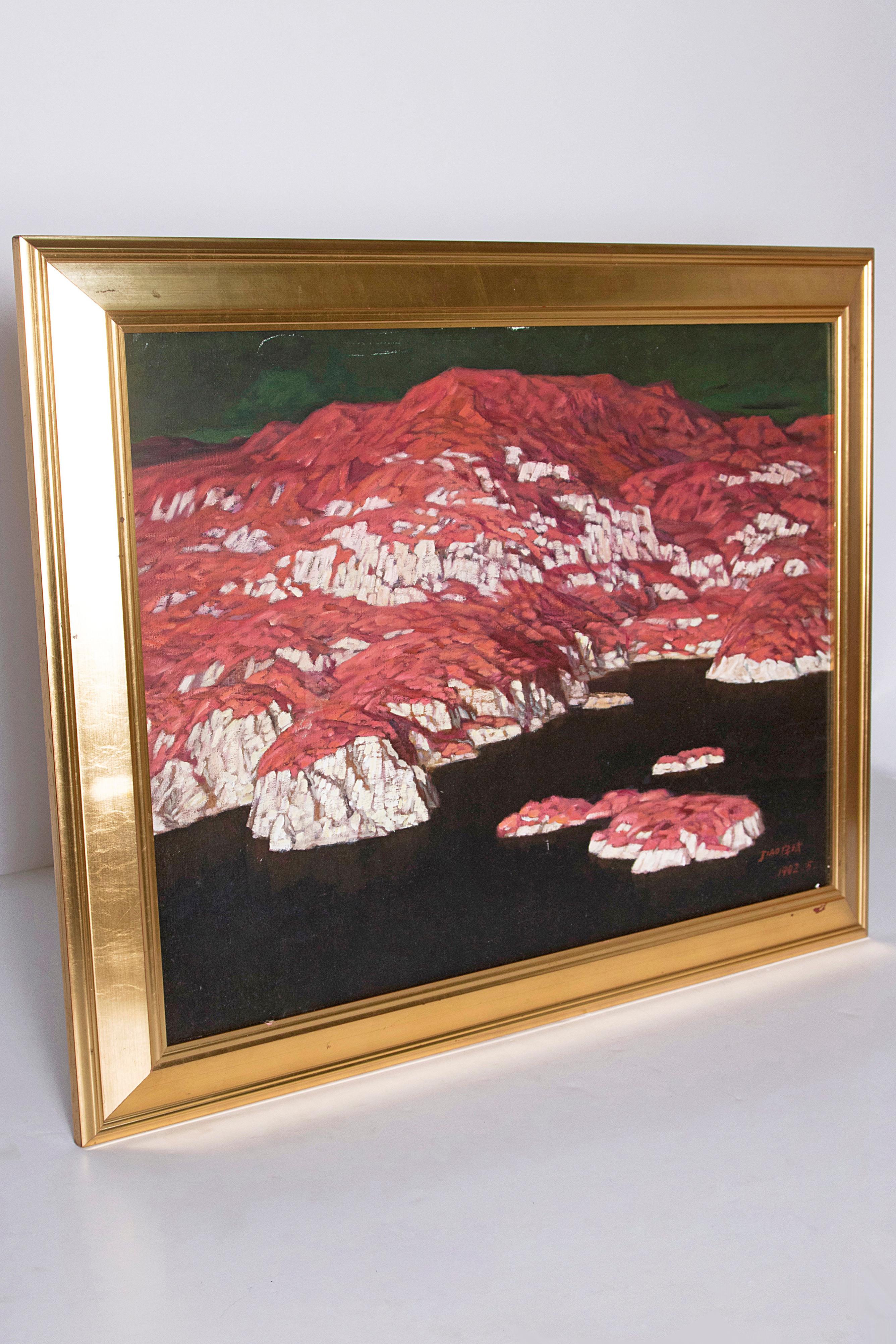 An abstract painting of mountains and seascape in blue, green and reds. The painting is indistinctly signed and dated 1992, lower right.
Image measures: 23.25