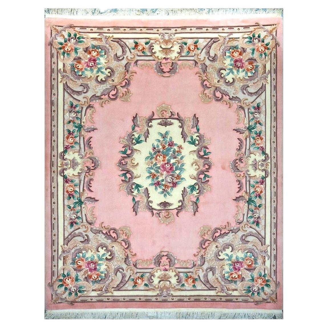 Chinese Abusson Wool 8x10 Pink, Light Blue & Ivory Handmade Area Rug