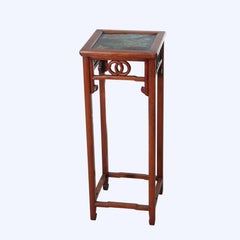 Chinese Aesthetic Mahogany Plant Stand With Figural & Floral Coisonne Top c1920