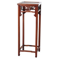 Chinese Aesthetic Mahogany Plant Stand With Figural & Floral Coisonne Top c1920