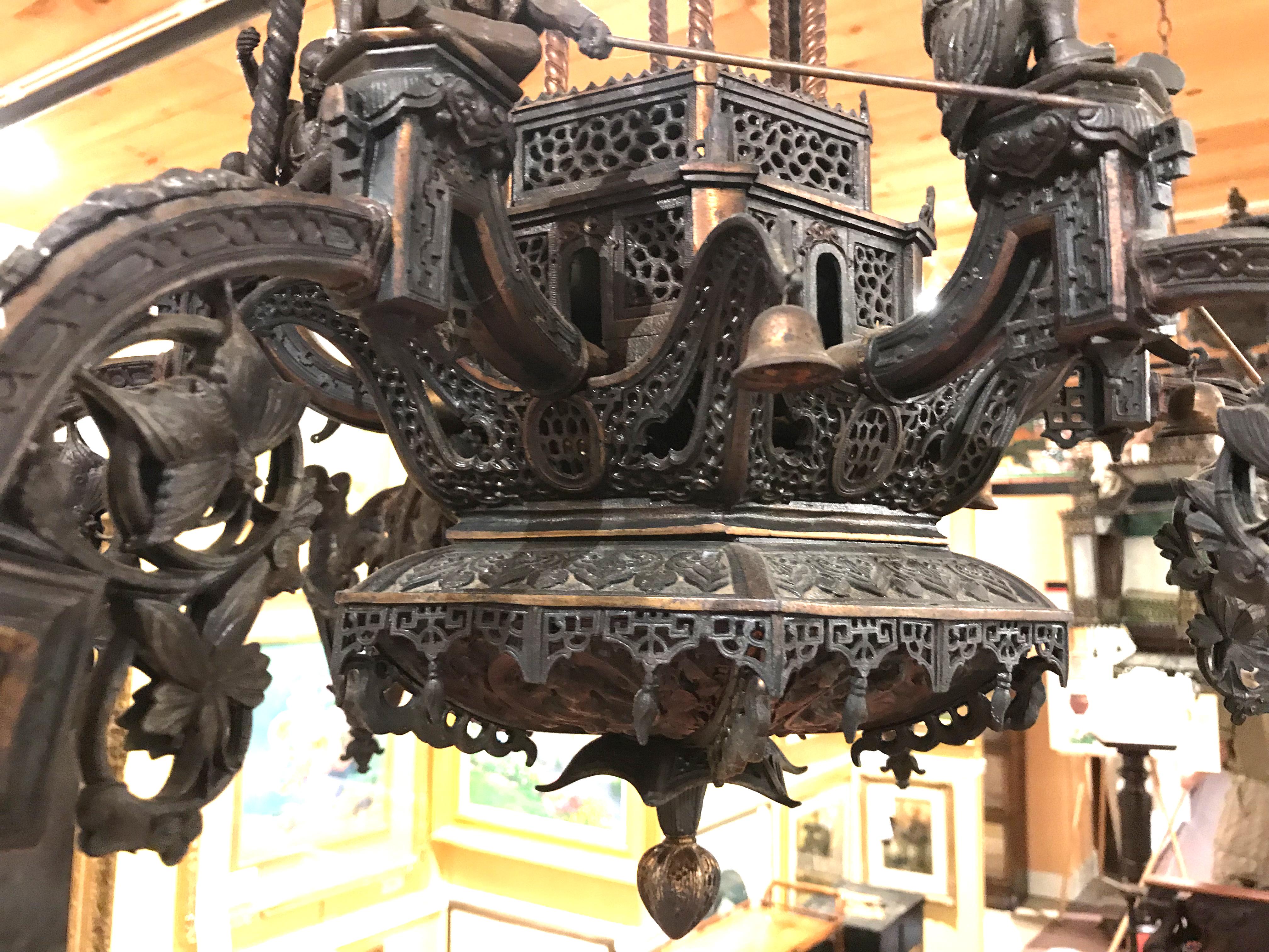 Chinese Aesthetic Six-Light Metal Chandelier with Warrior & Bird Decoration 2
