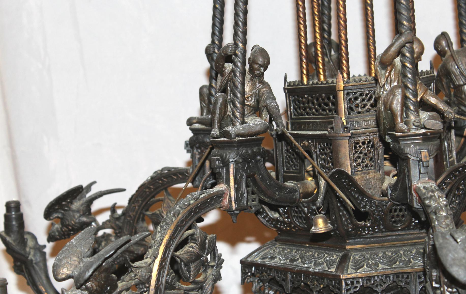 Aesthetic Movement Chinese Aesthetic Six-Light Metal Chandelier with Warrior & Bird Decoration