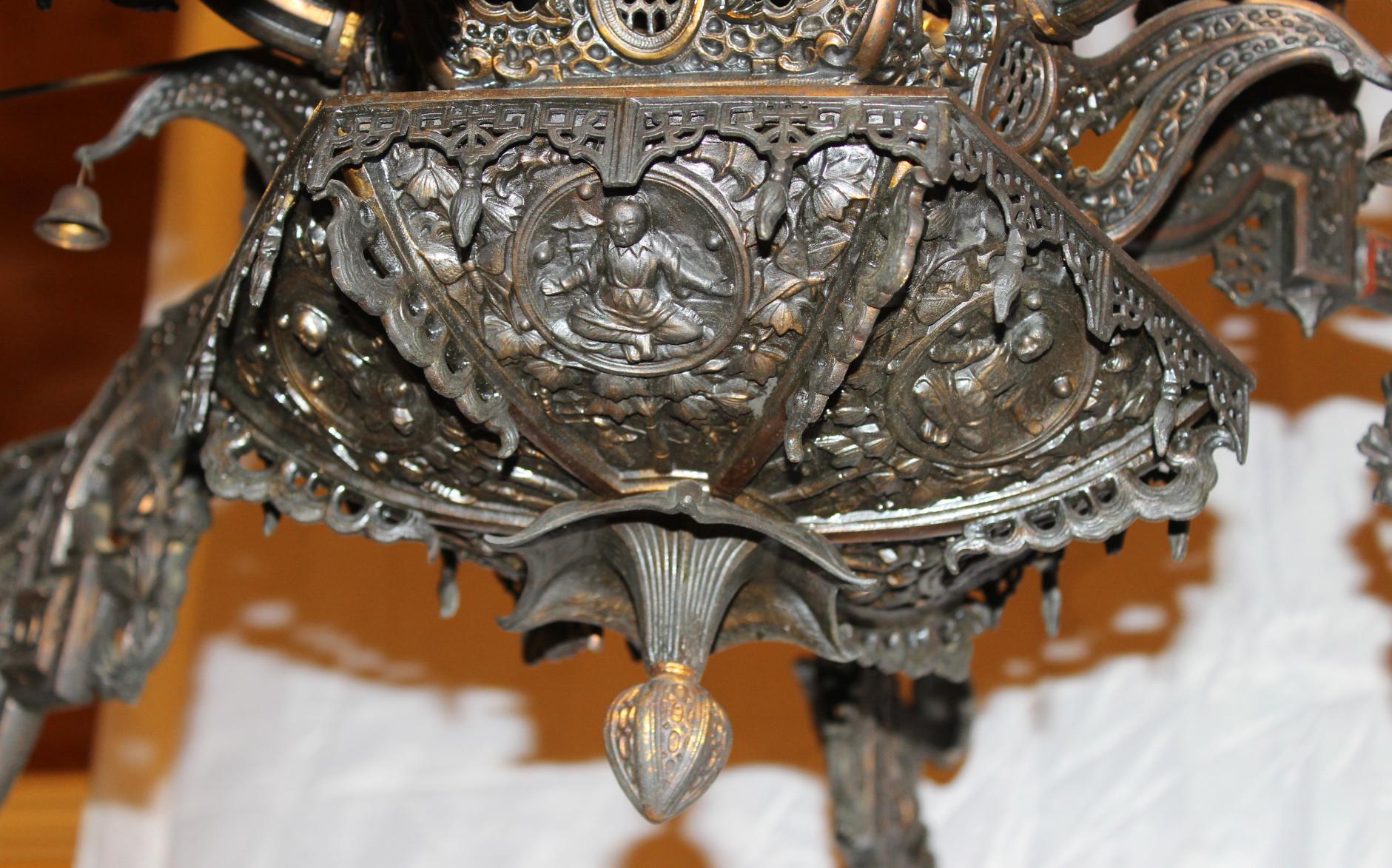 Cast Chinese Aesthetic Six-Light Metal Chandelier with Warrior & Bird Decoration
