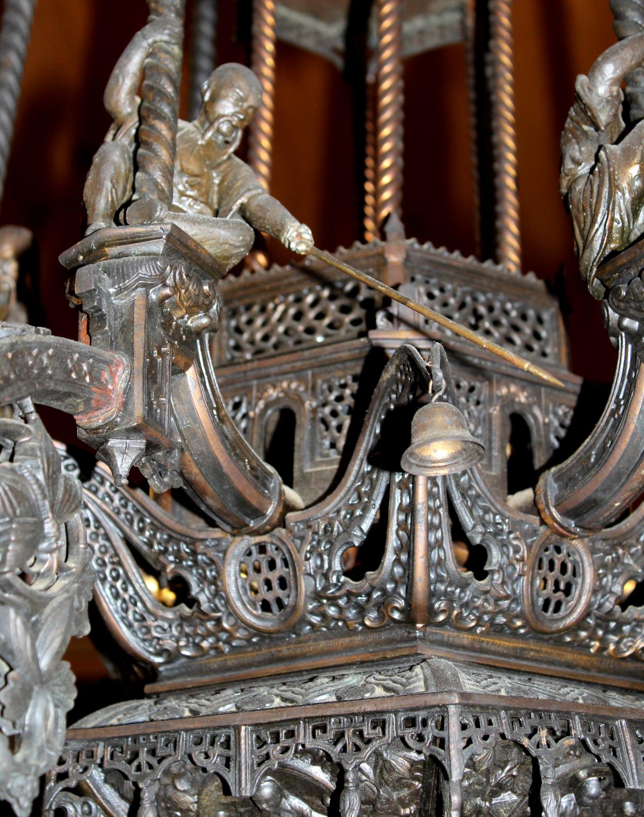 Chinese Aesthetic Six-Light Metal Chandelier with Warrior & Bird Decoration In Good Condition In Milford, NH