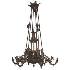 Chinese Aesthetic Six-Light Metal Chandelier with Warrior & Bird Decoration