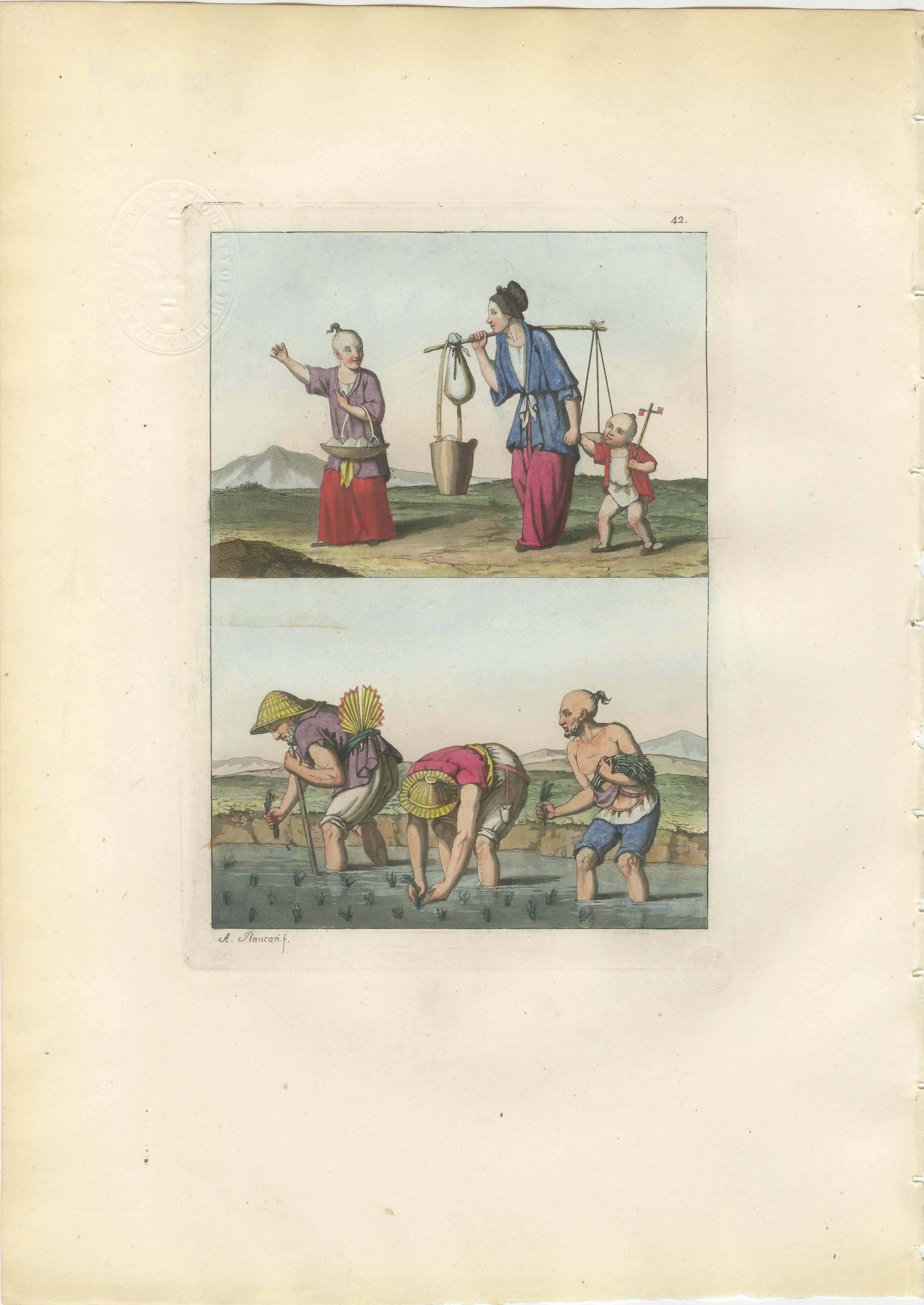 Chinese Agricultural Labor Scenes, Set of Four Hand-Colored Engravings – 1815