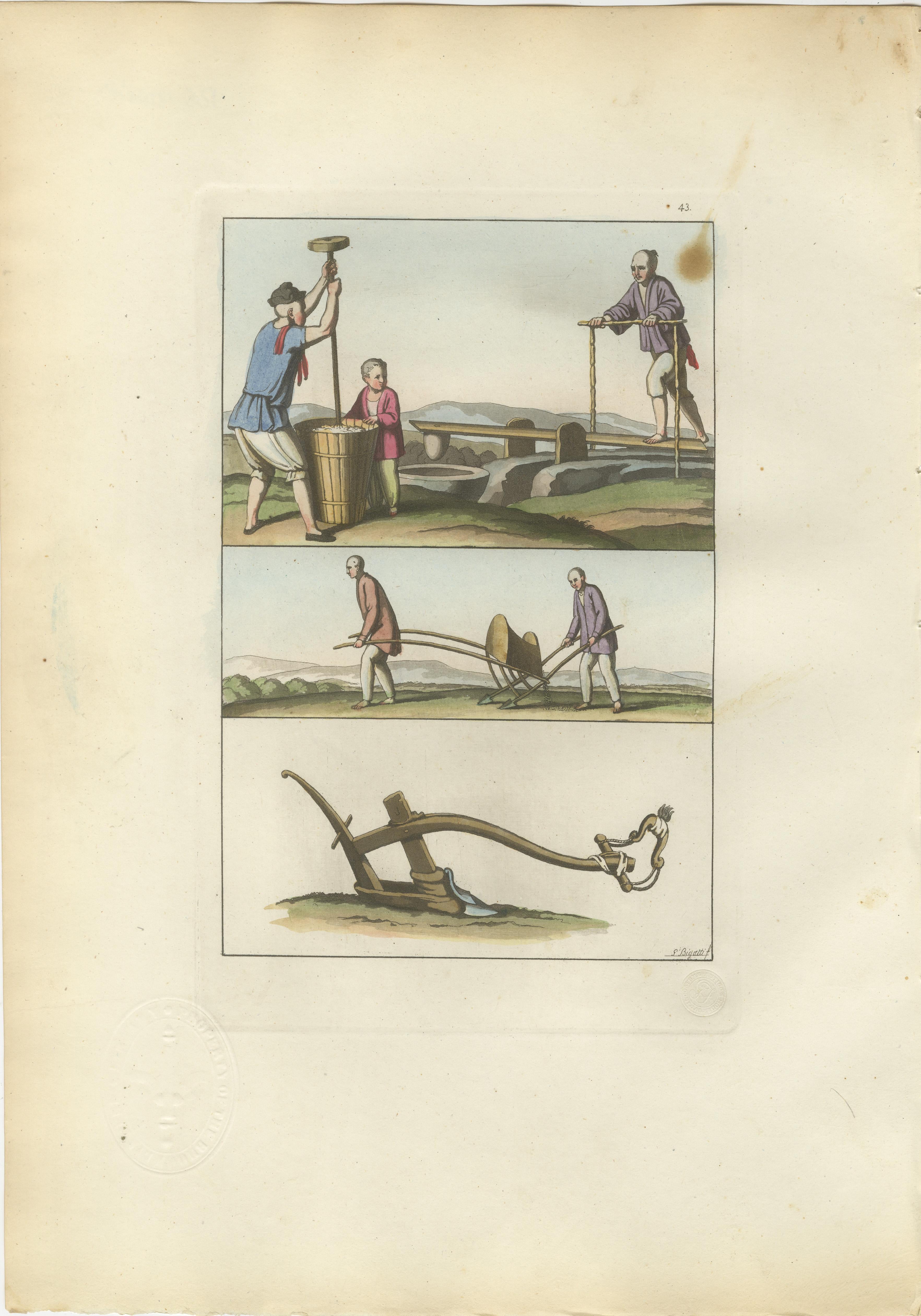 Chinese Agricultural Labor Scenes, Set of Four Hand-Colored Engravings – 1815