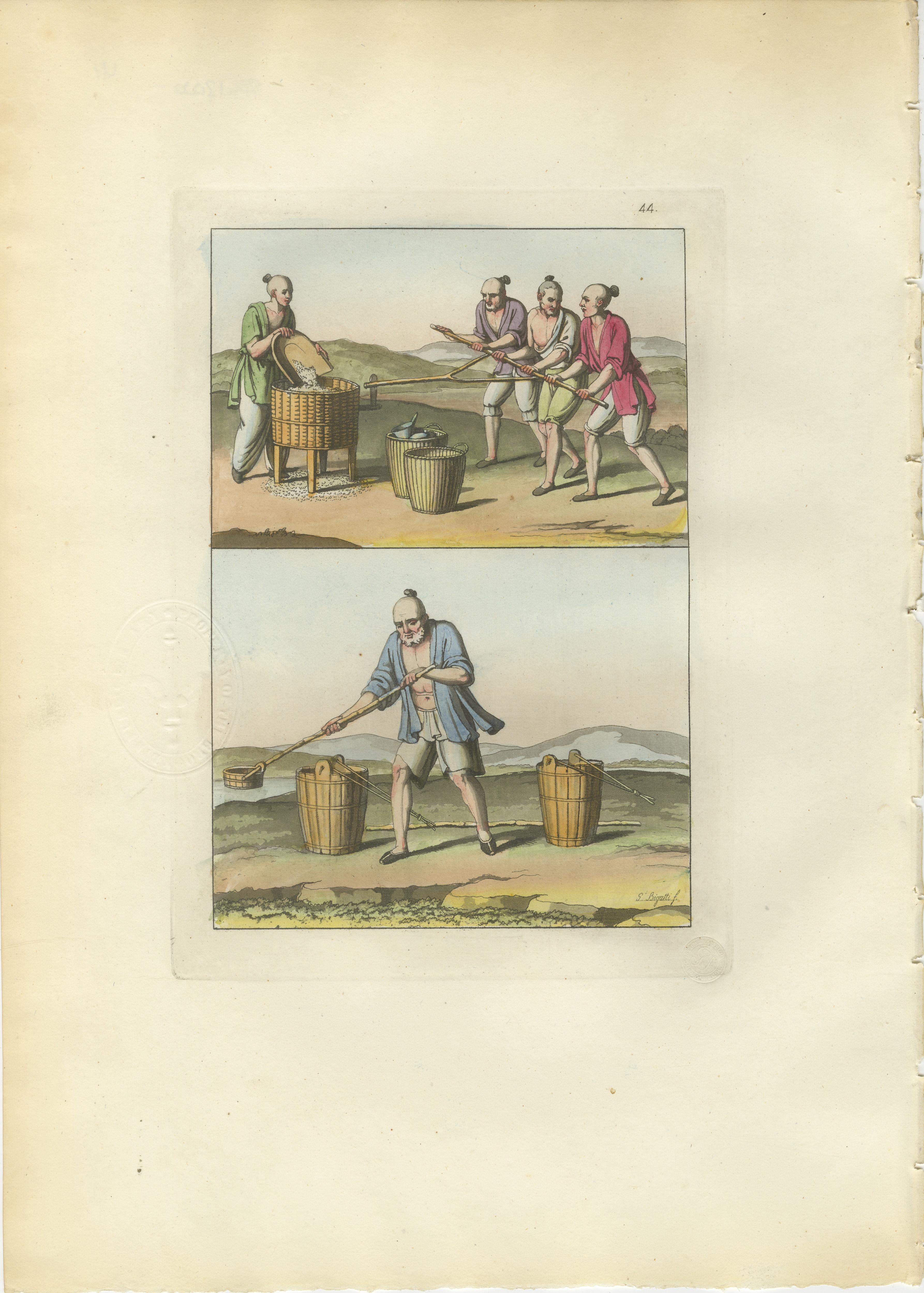 Chinese Agricultural Labor Scenes, Set of Four Hand-Colored Engravings – 1815