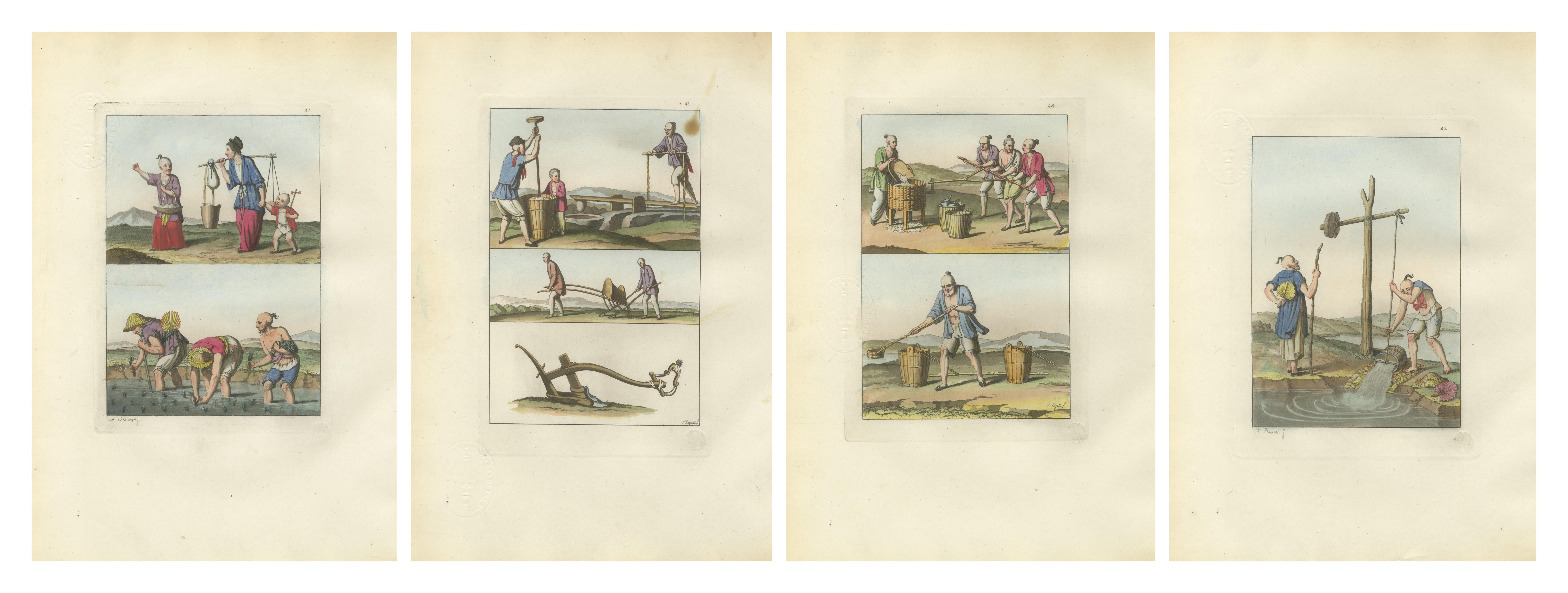 Chinese Agricultural Labor Scenes, Set of Four Hand-Colored Engravings – 1815