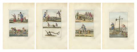 Chinese Agricultural Labor Scenes, Set of Four Hand-Colored Engravings – 1815