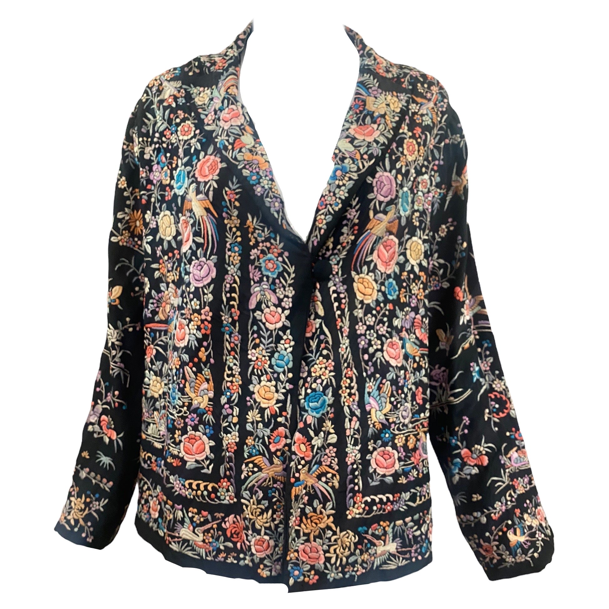 Veste chinoise en soie brodée à la main, multicolore, années 1920 en vente