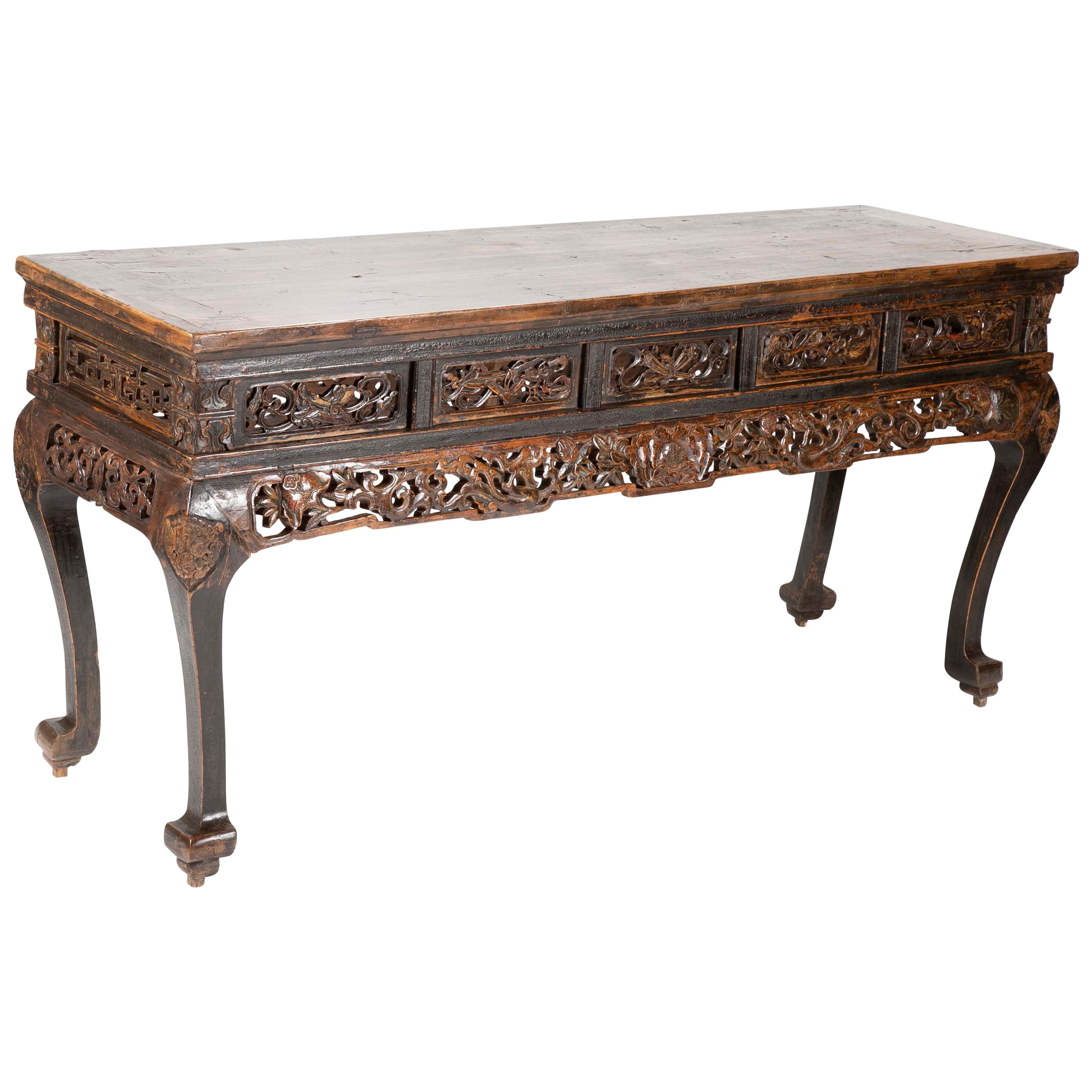 Chinese Altar Console Table with  Carved Panels