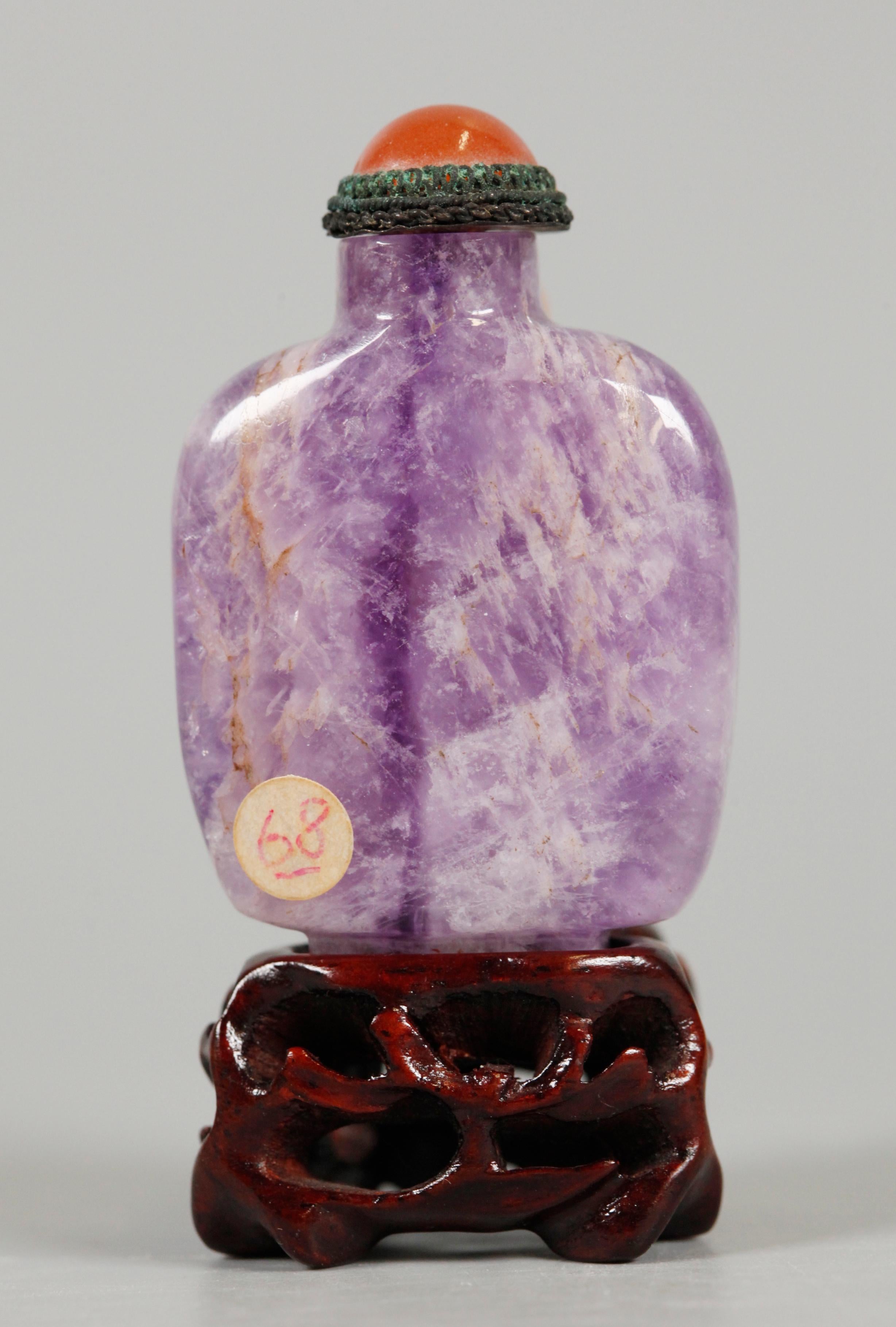 on carved fitted wooden base; agate stoppers; measurements provided are the overall measurements including the wooden base and stopper 