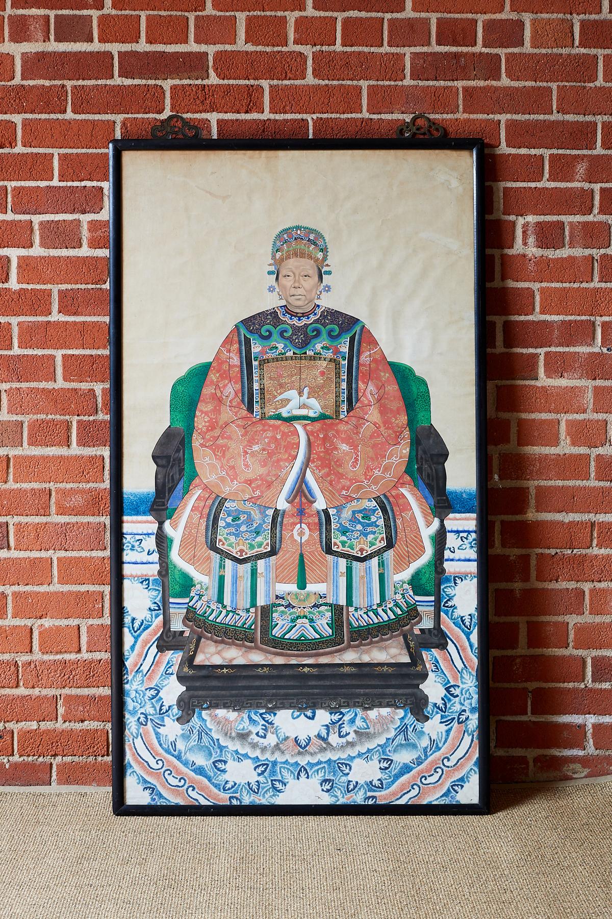 Qing Chinese Ancestor Matriarch Scroll Portrait Painting