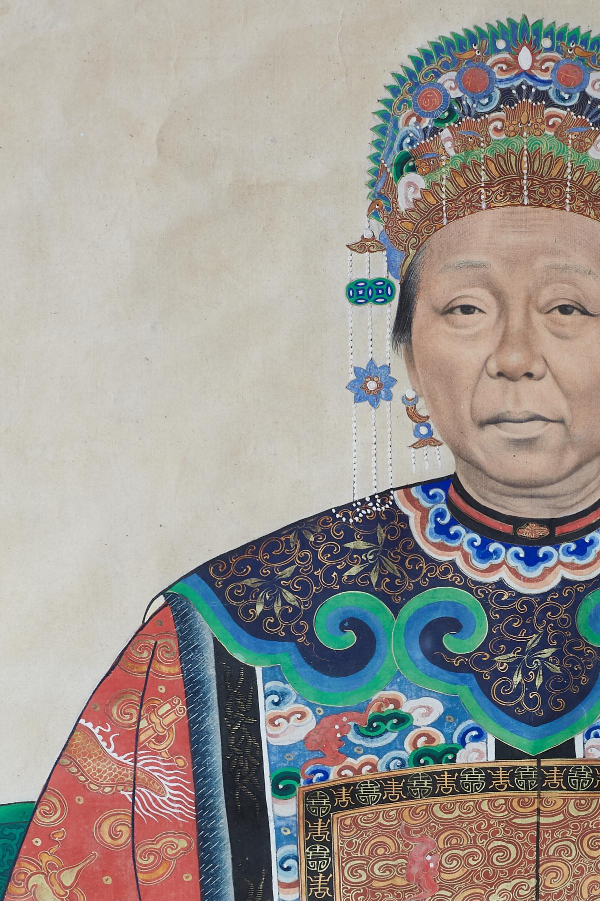 Ebonized Chinese Ancestor Matriarch Scroll Portrait Painting