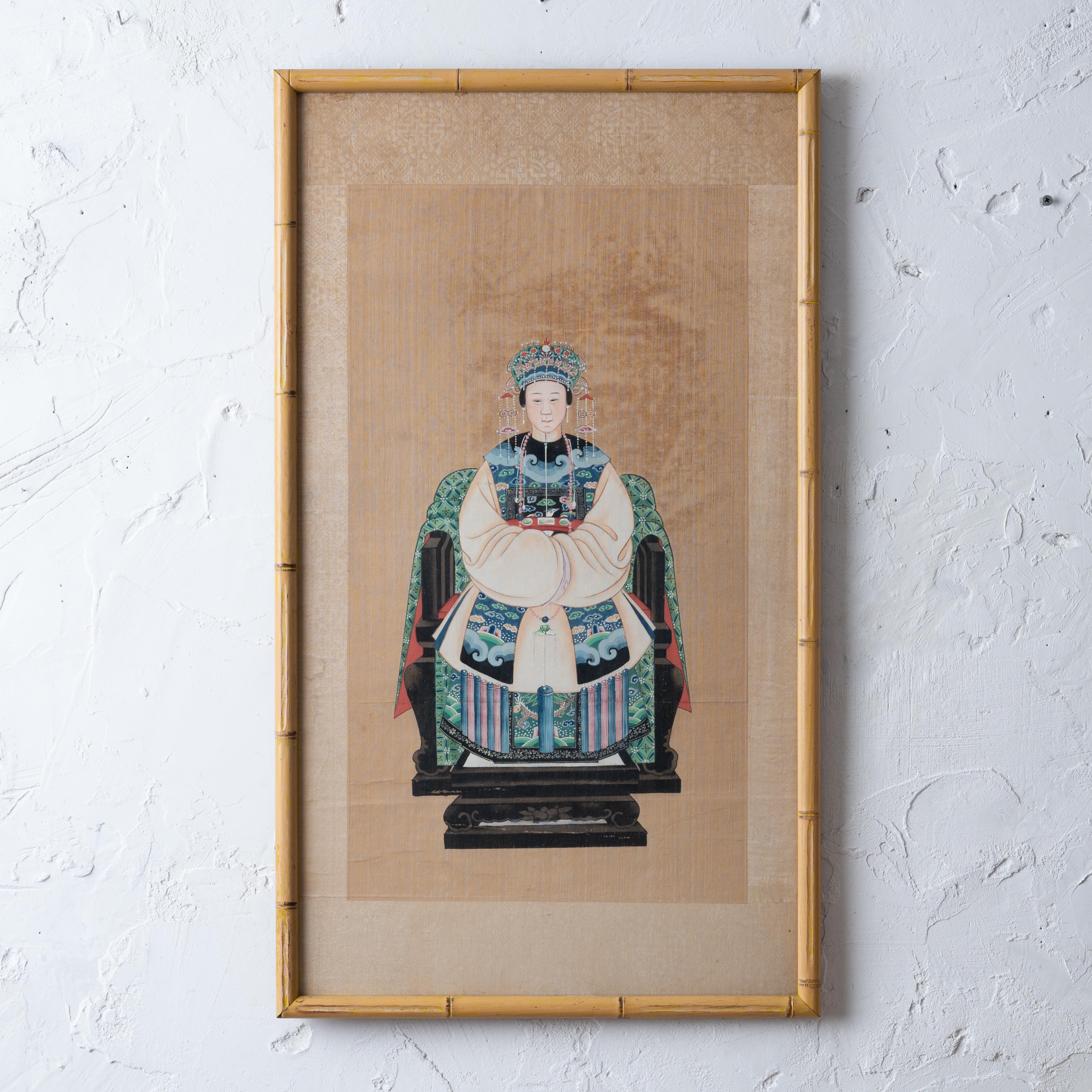 A Chinese ancestor painting on silk in faux bamboo frame, 20th century.

17 ¼ by 30 inches

