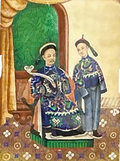 Chinese Ancestor Painting on Pith Paper, Faux Bamboo Frame