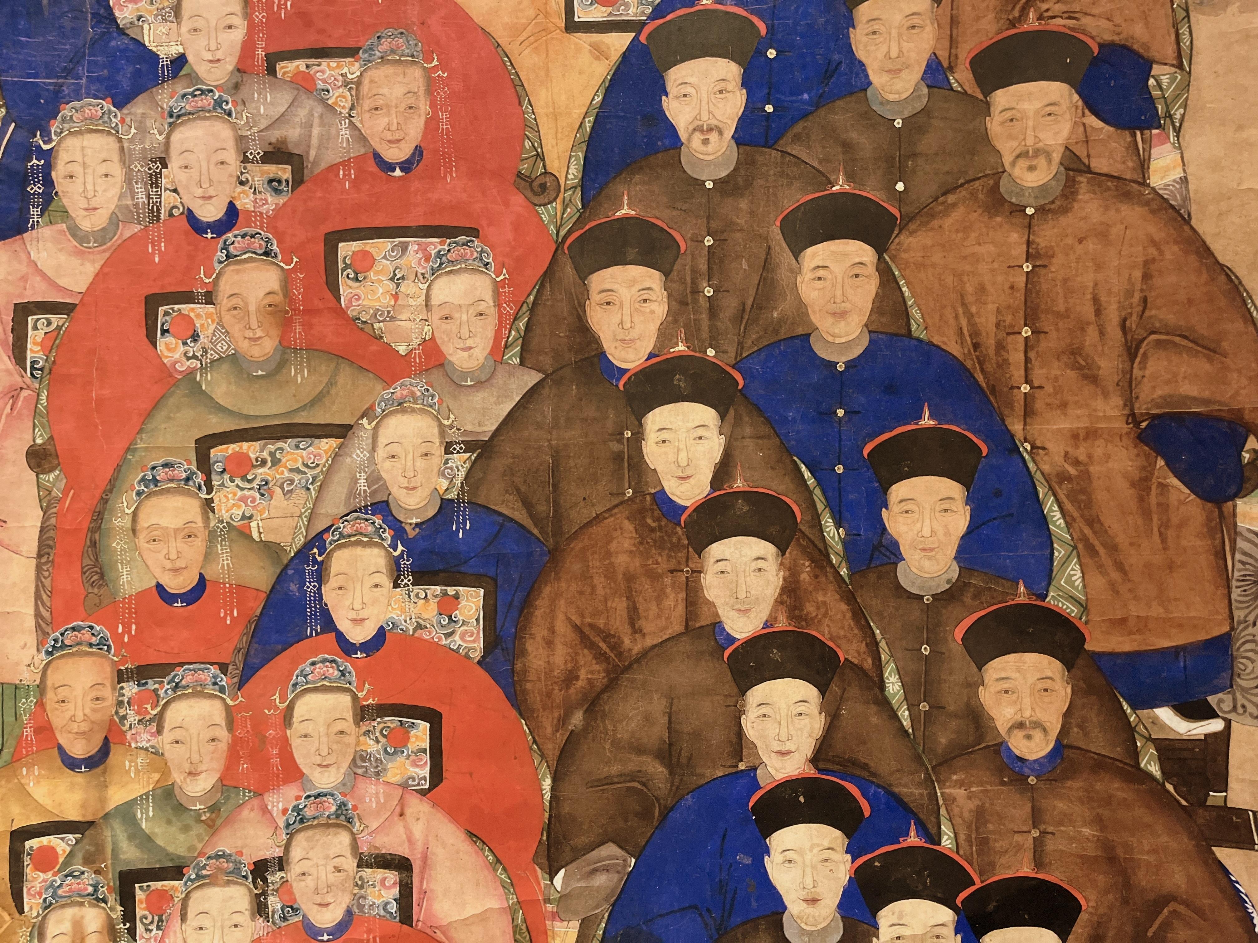 Peinture d'anciens ancêtres chinois représentant des générations d'officiers de famille. Peinture de volute Bon état - En vente à Greenwich, CT
