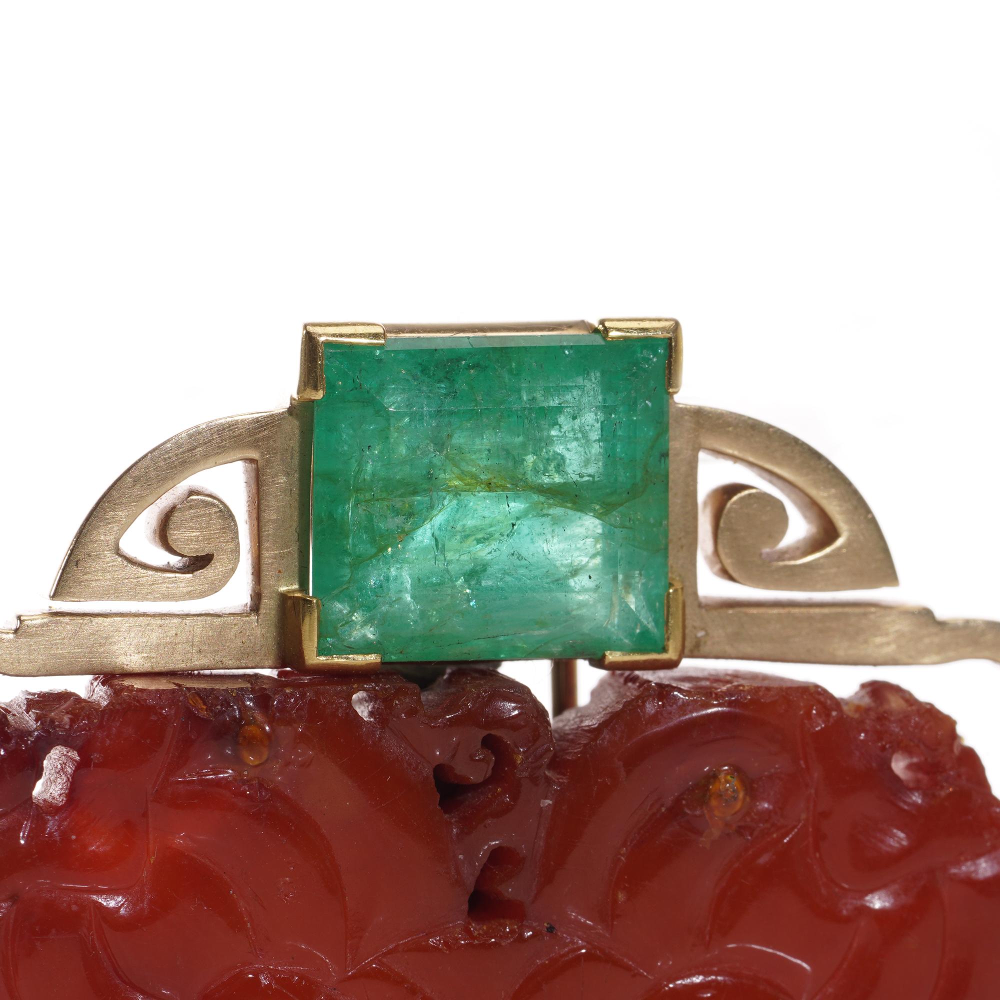 Emerald Cut Chinese Antique 14kt. Gold Amber Clip Brooch with Colombian Emeralds For Sale