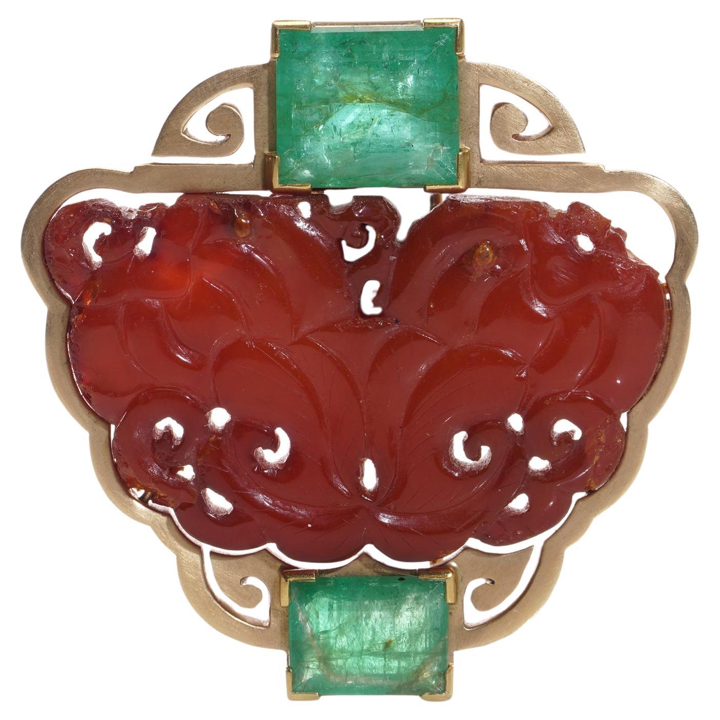 Chinese Antique 14kt. Gold Amber Clip Brooch with Colombian Emeralds For Sale