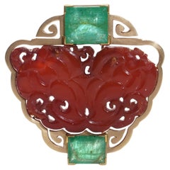 Chinese Antique 14kt. Gold Amber Clip Brooch with Colombian Emeralds