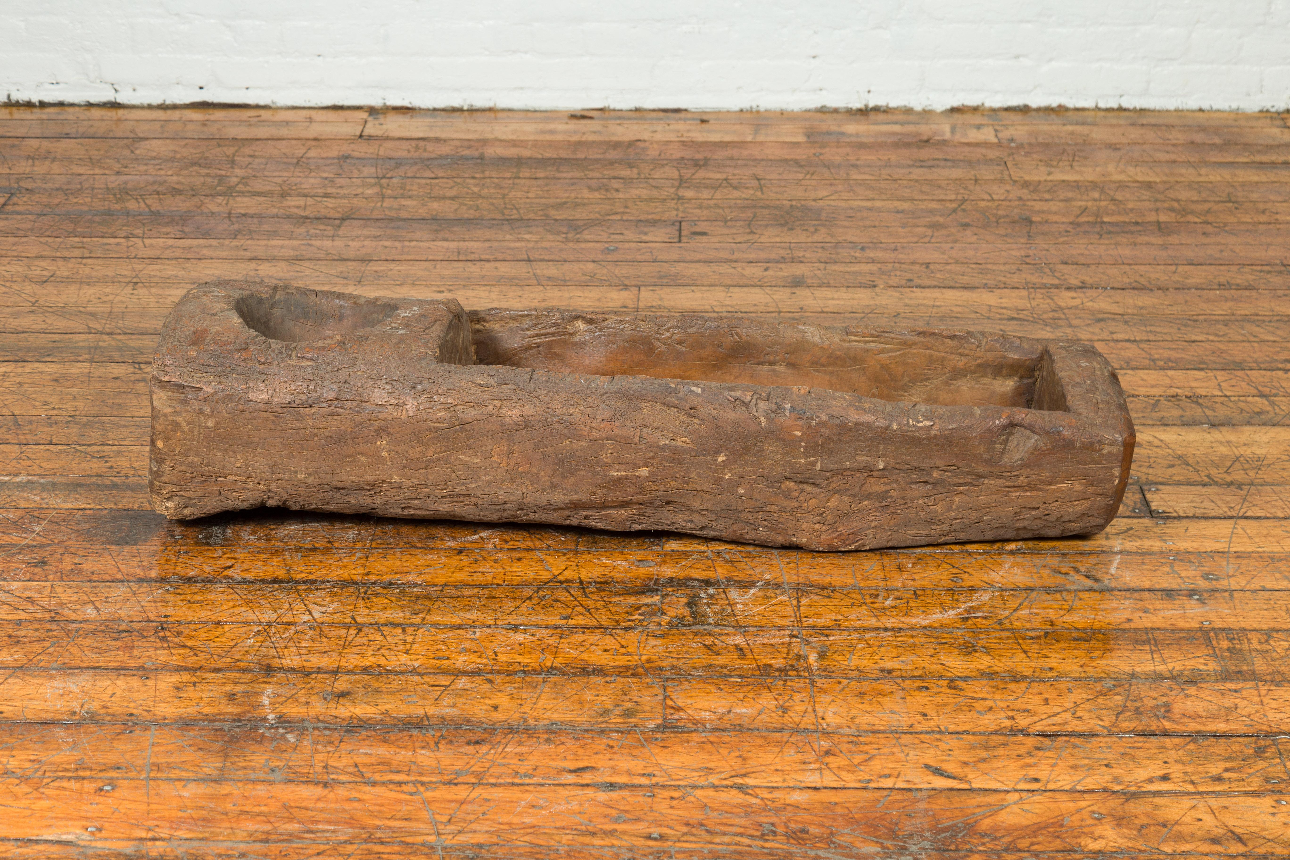 Antique Chinese Wooden Mortar Planter with Rustic Patina, 19th Century or Older For Sale 2