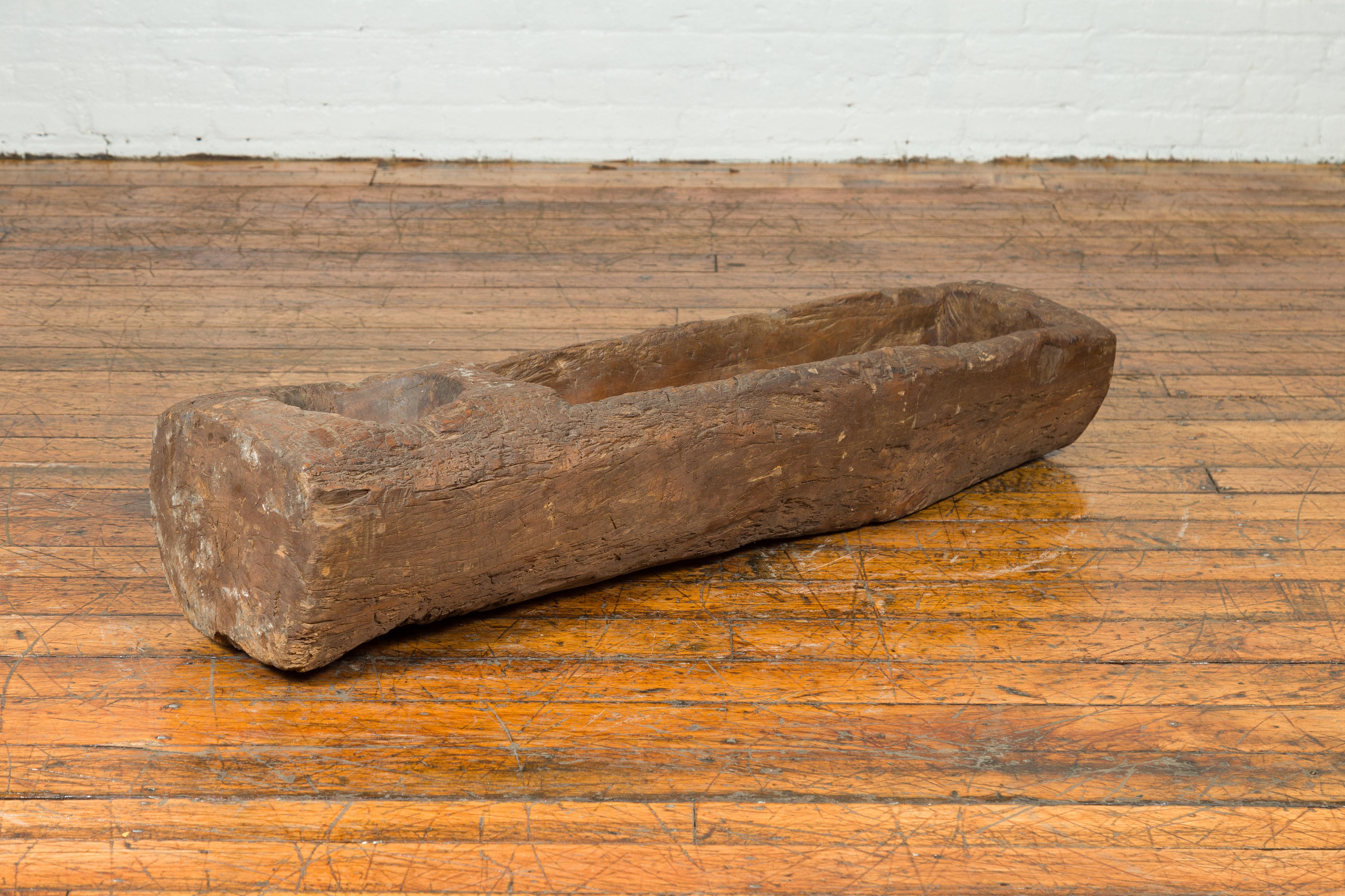 Antique Chinese Wooden Mortar Planter with Rustic Patina, 19th Century or Older For Sale 3