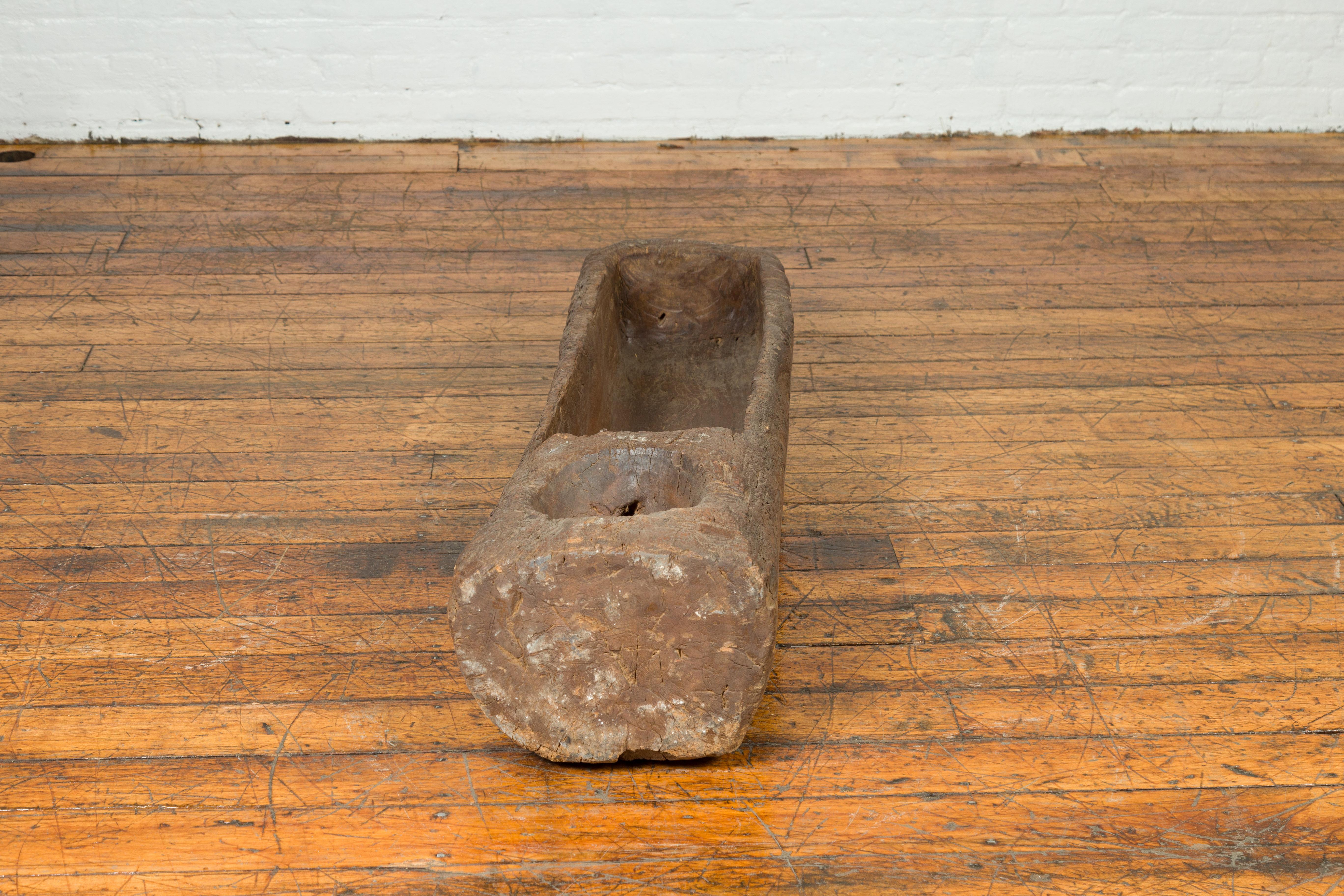 Antique Chinese Wooden Mortar Planter with Rustic Patina, 19th Century or Older For Sale 4