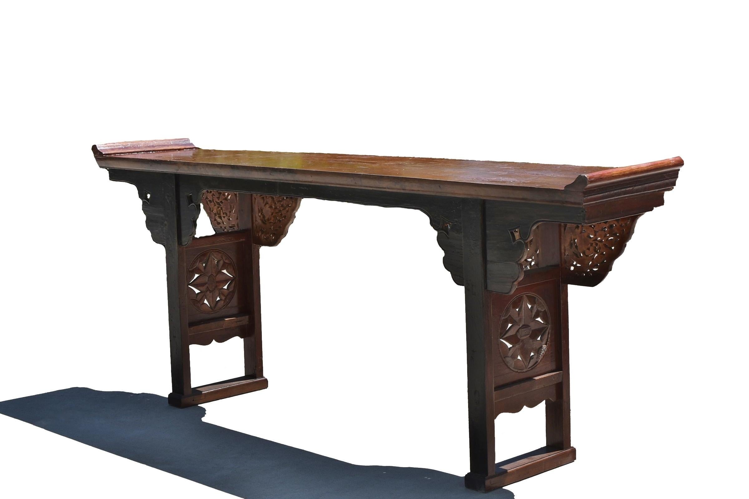 Wood Chinese Antique 8 ft Altar Table with Carved Dragons For Sale