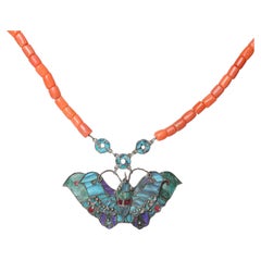 Chinese Antique Art Nouveau Coral and Kingfisher Tian-Tsui Necklace