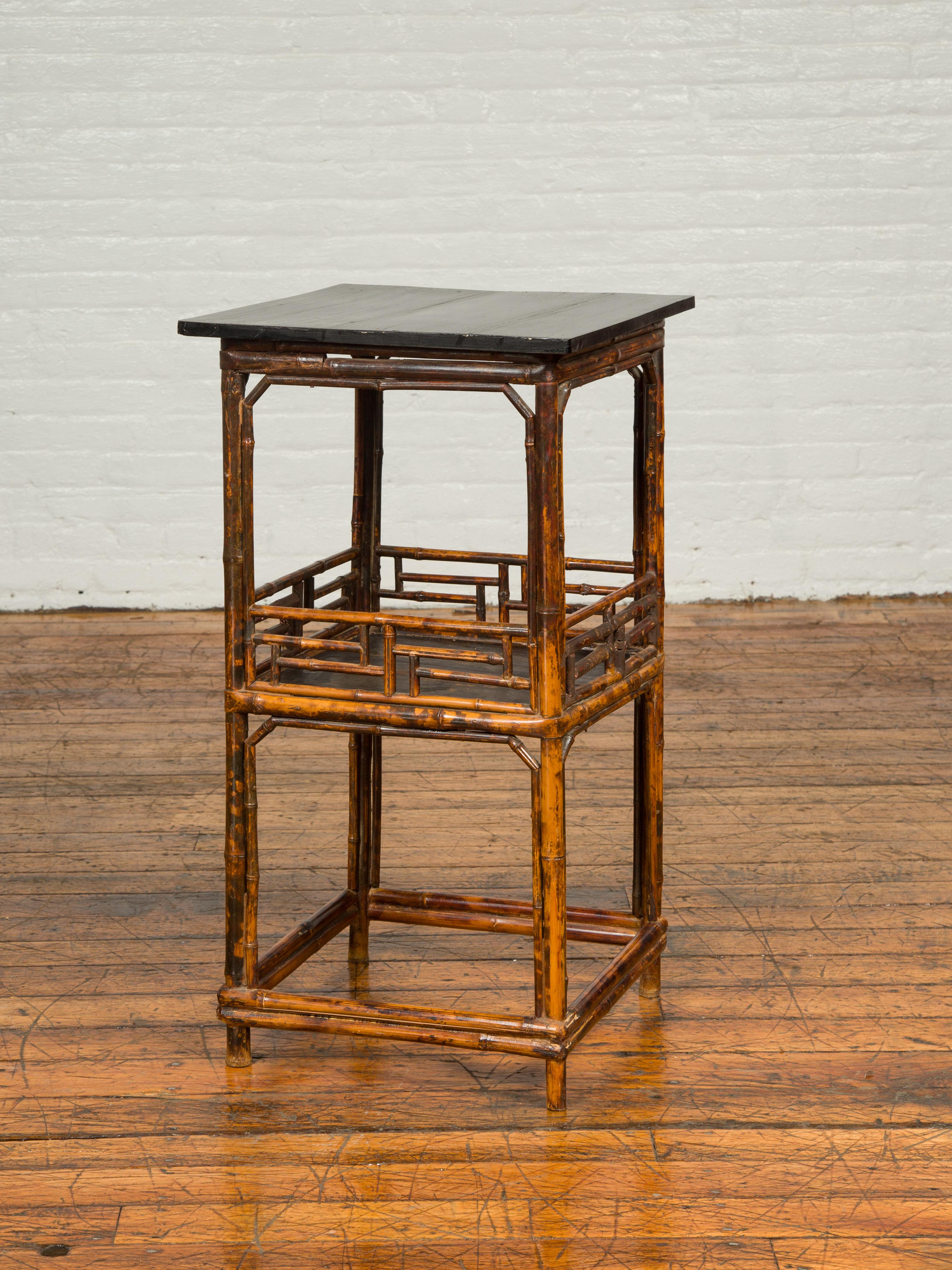 20th Century Chinese Antique Bamboo Lamp Table with Shelf, Geometric Patterns and Black Top