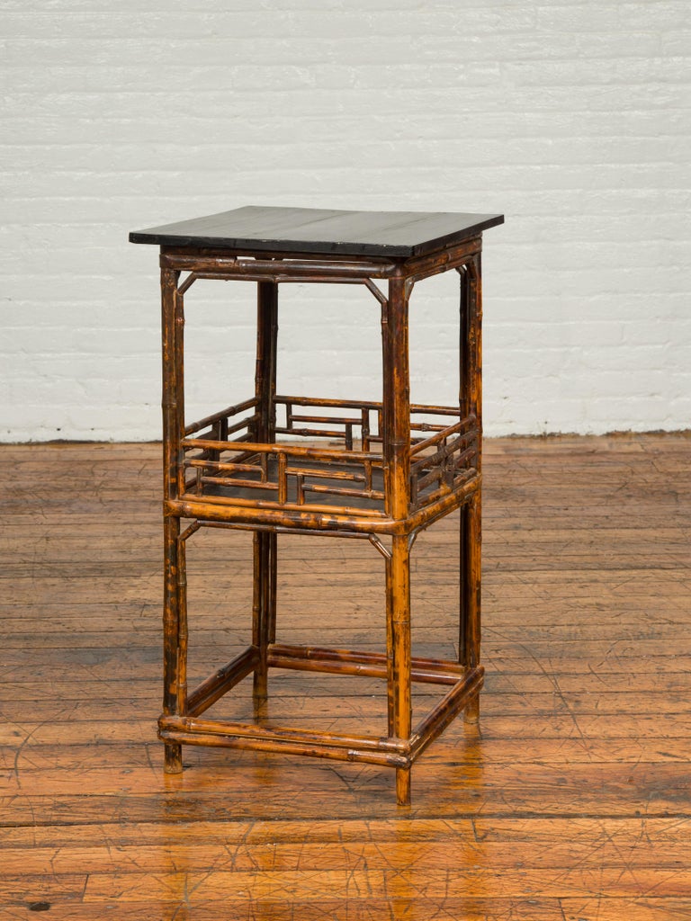 Chinese Antique Bamboo Lamp Table with Shelf, Geometric Patterns and Black Top For Sale 3