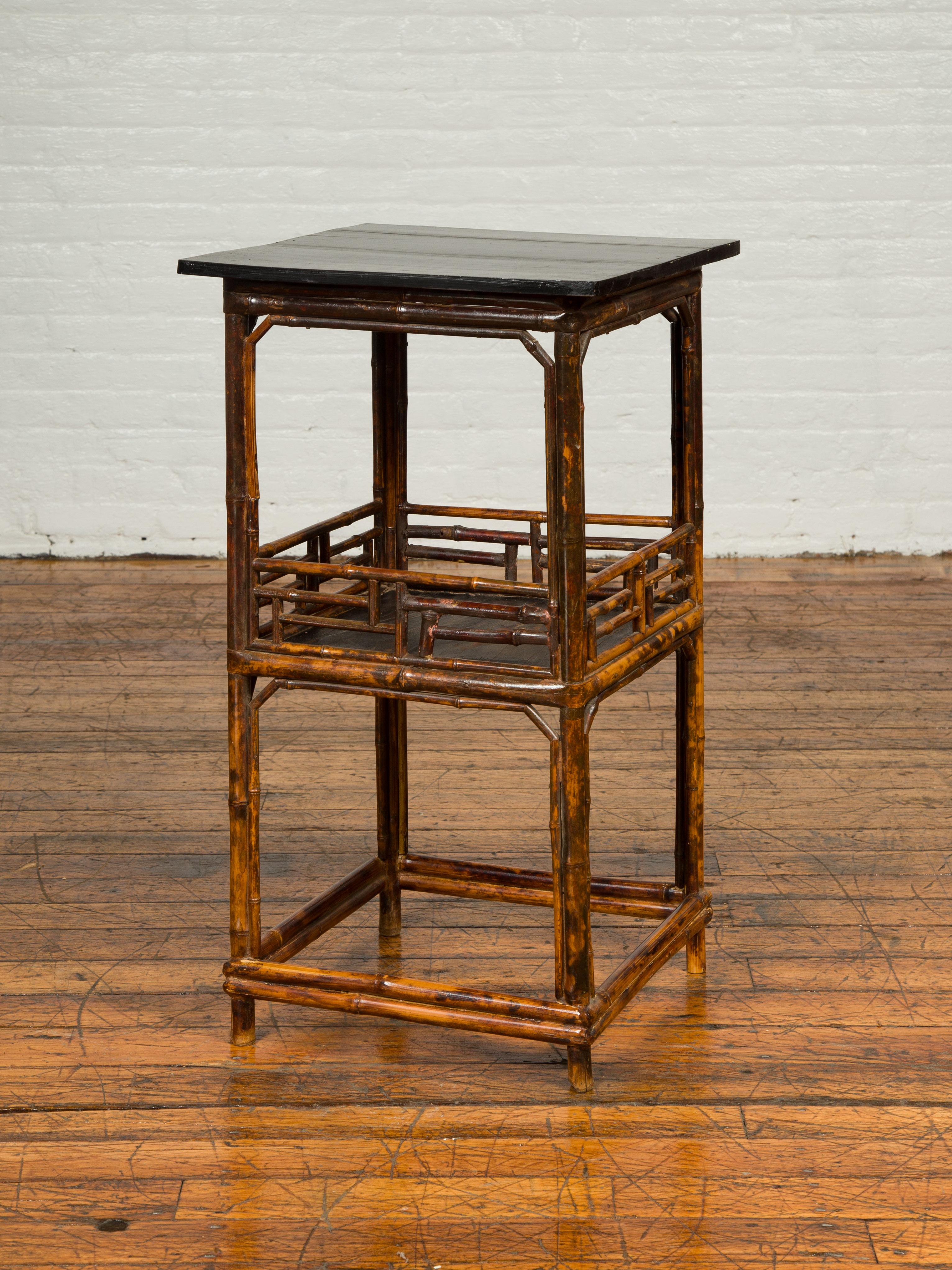 Chinese Antique Bamboo Lamp Table with Shelf, Geometric Patterns and Black Top 1