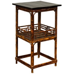 Chinese Antique Bamboo Lamp Table with Shelf, Geometric Patterns and Black Top