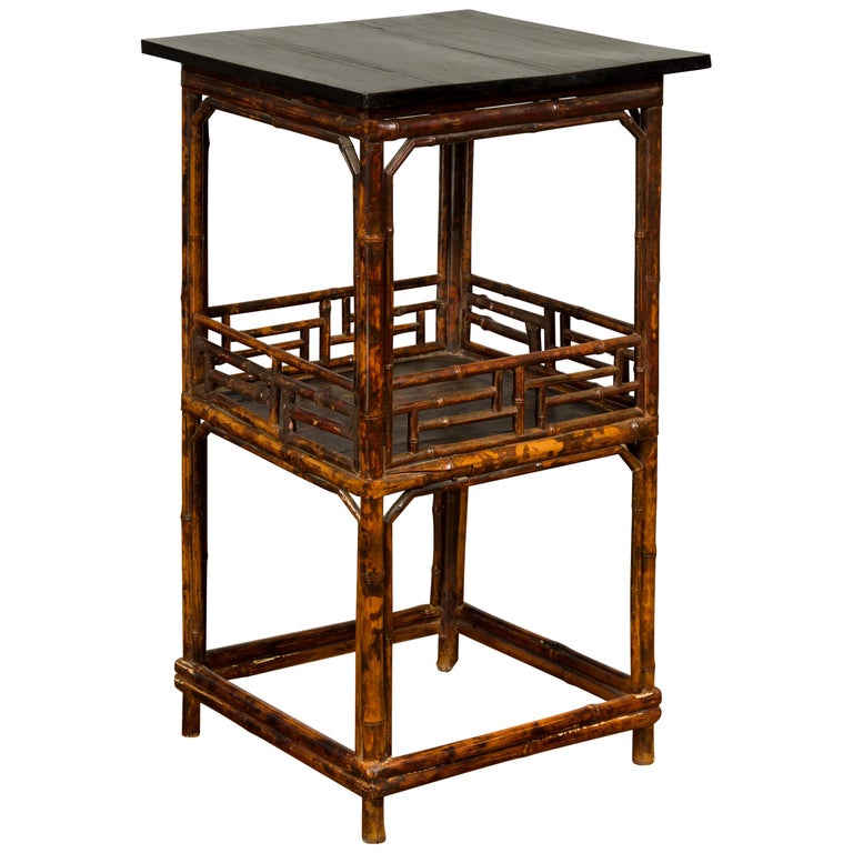 Chinese Antique Bamboo Lamp Table with Shelf, Geometric Patterns and Black Top For Sale
