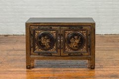 Chinese Antique Black and Gold Lacquered Cabinet with Floral and Bird Decor