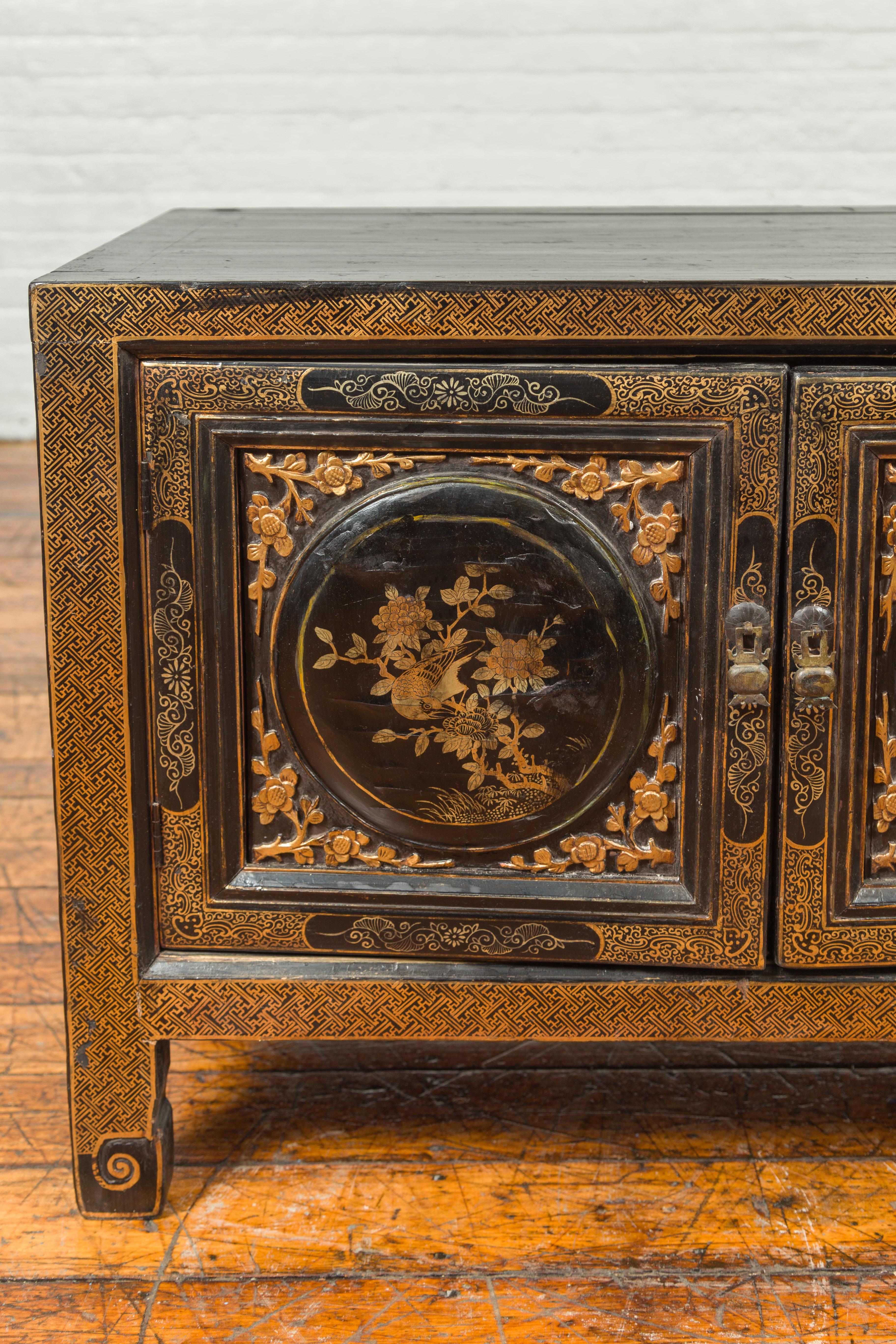 19th Century Chinese Antique Black and Gold Lacquered Cabinet with Floral and Bird Decor