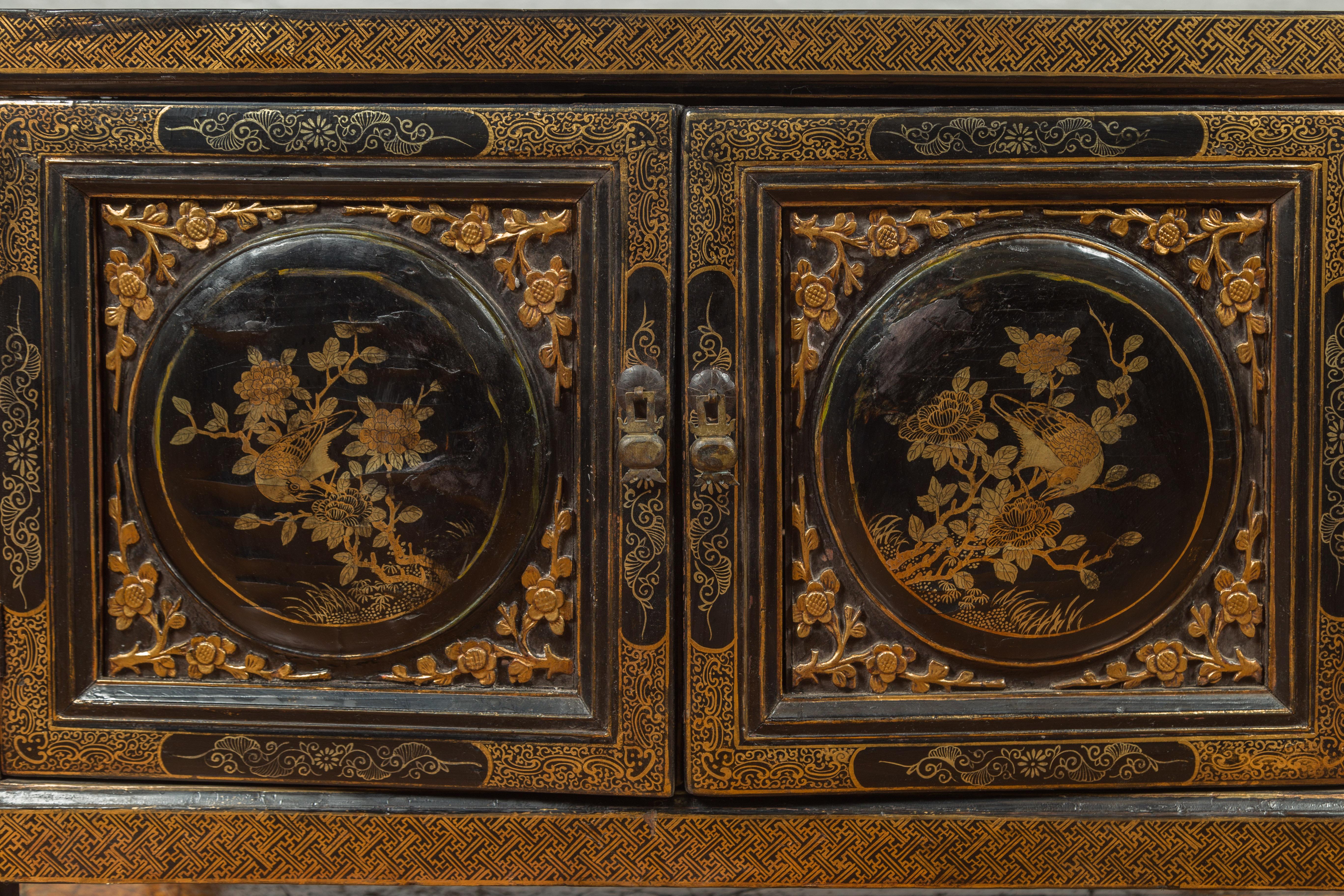Chinese Antique Black and Gold Lacquered Cabinet with Floral and Bird Decor 1