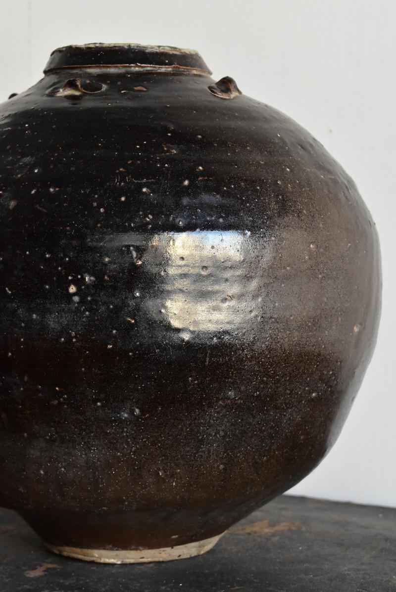 Pottery Chinese Antique Black Glazed Jar / 1500s / Wabi-Sabi Jar