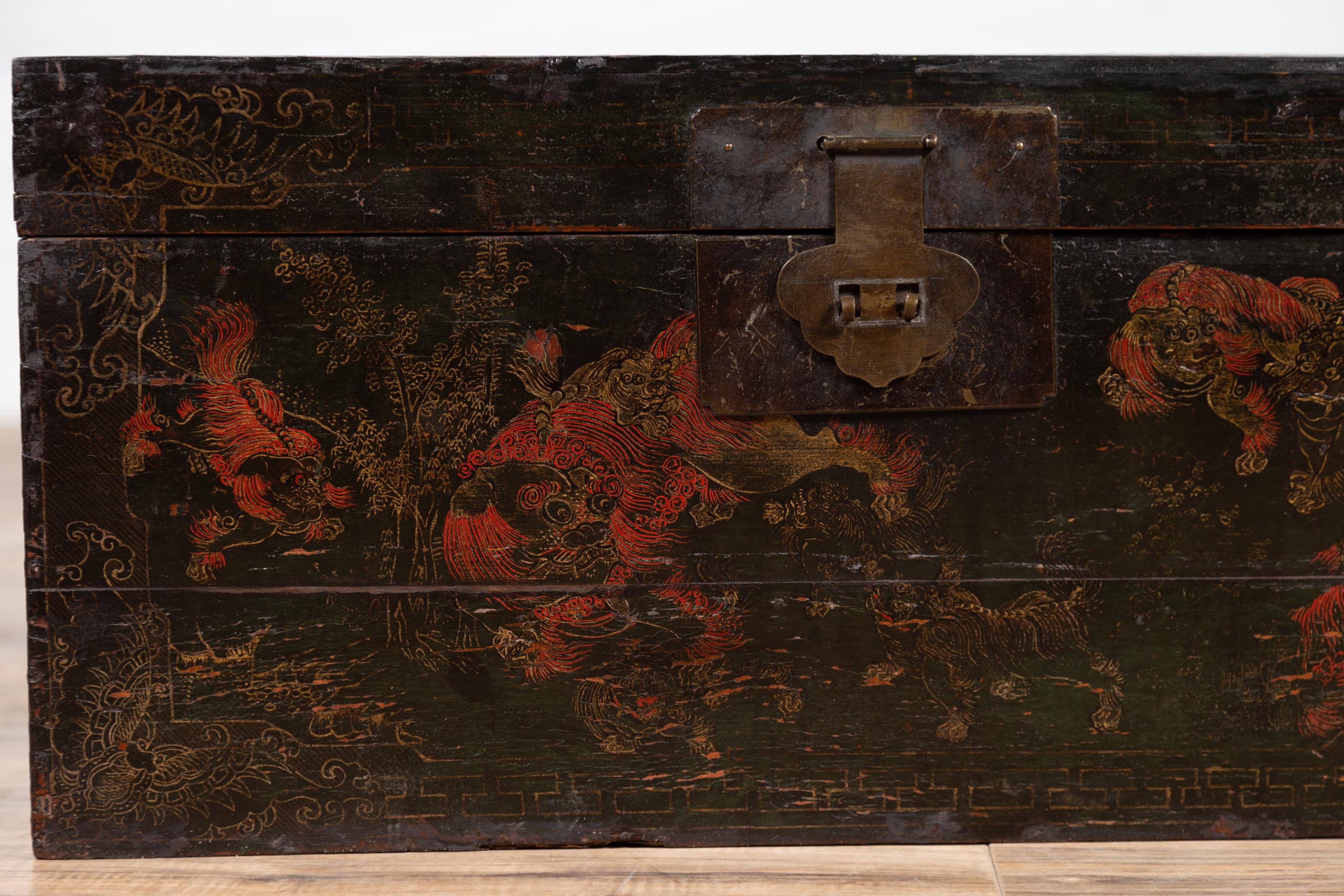 19th Century Chinese Antique Black Lacquered Blanket Chest with Hand Painted Guardian Lions