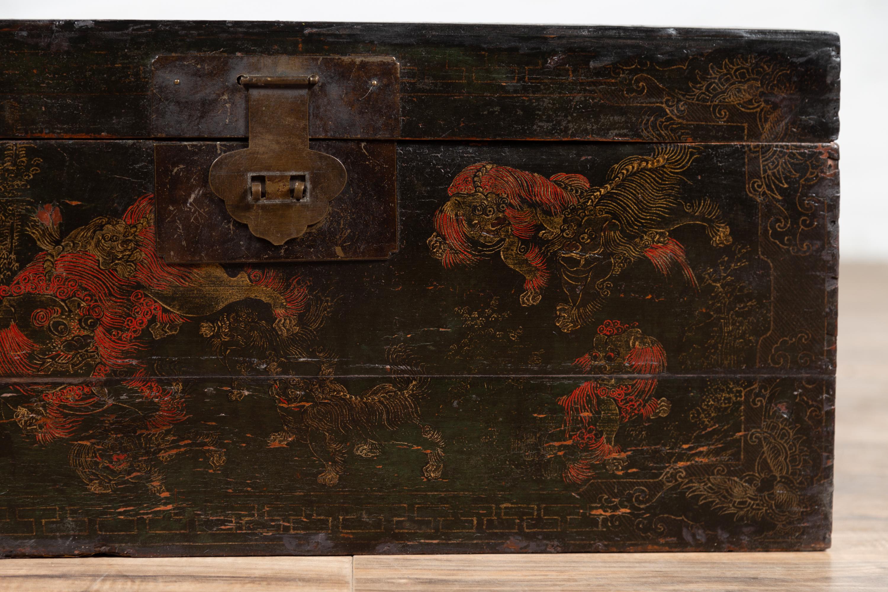 Brass Chinese Antique Black Lacquered Blanket Chest with Hand Painted Guardian Lions
